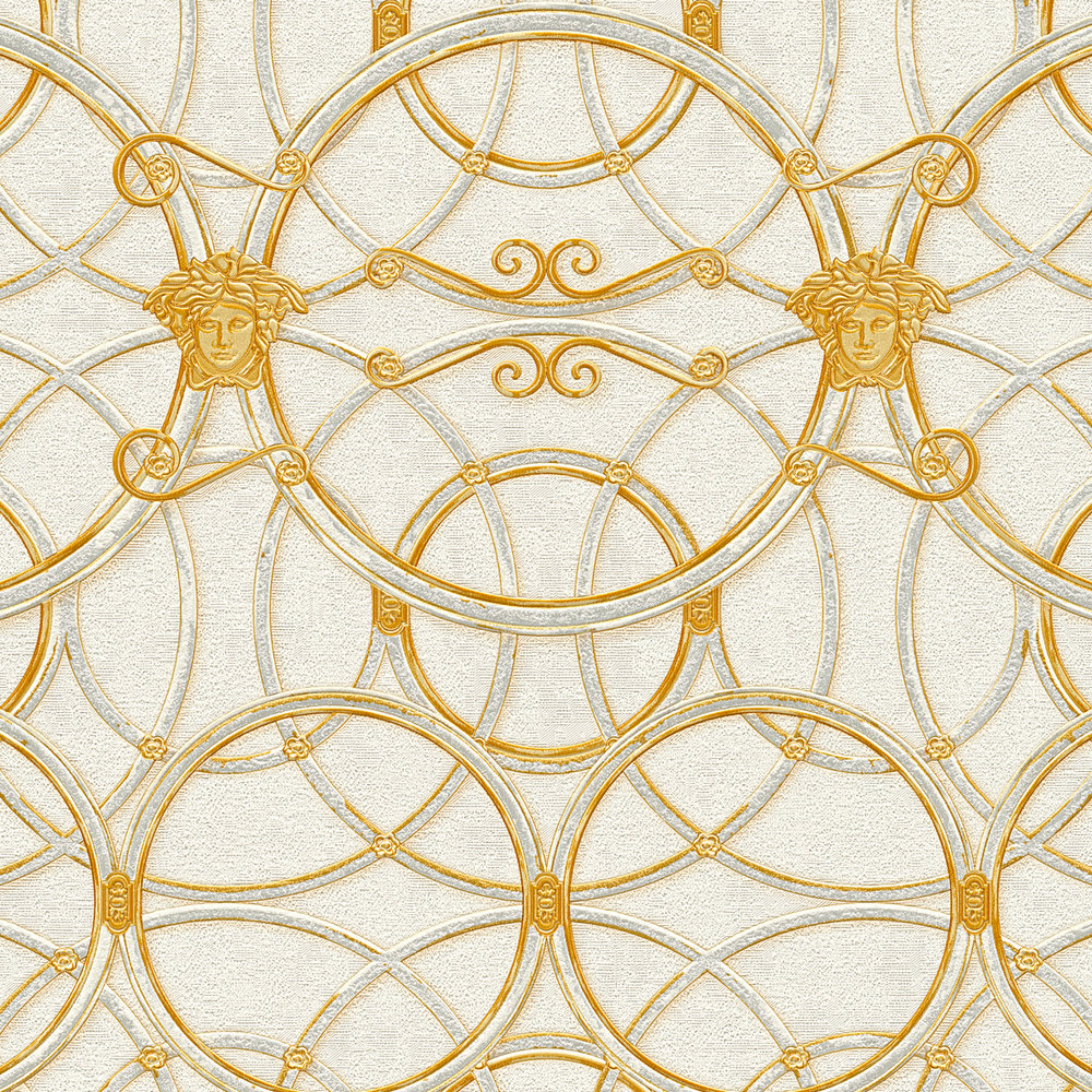             Papel pintado VERSACE Home con motivo de círculos y Medusa - oro, crema, blanco
        