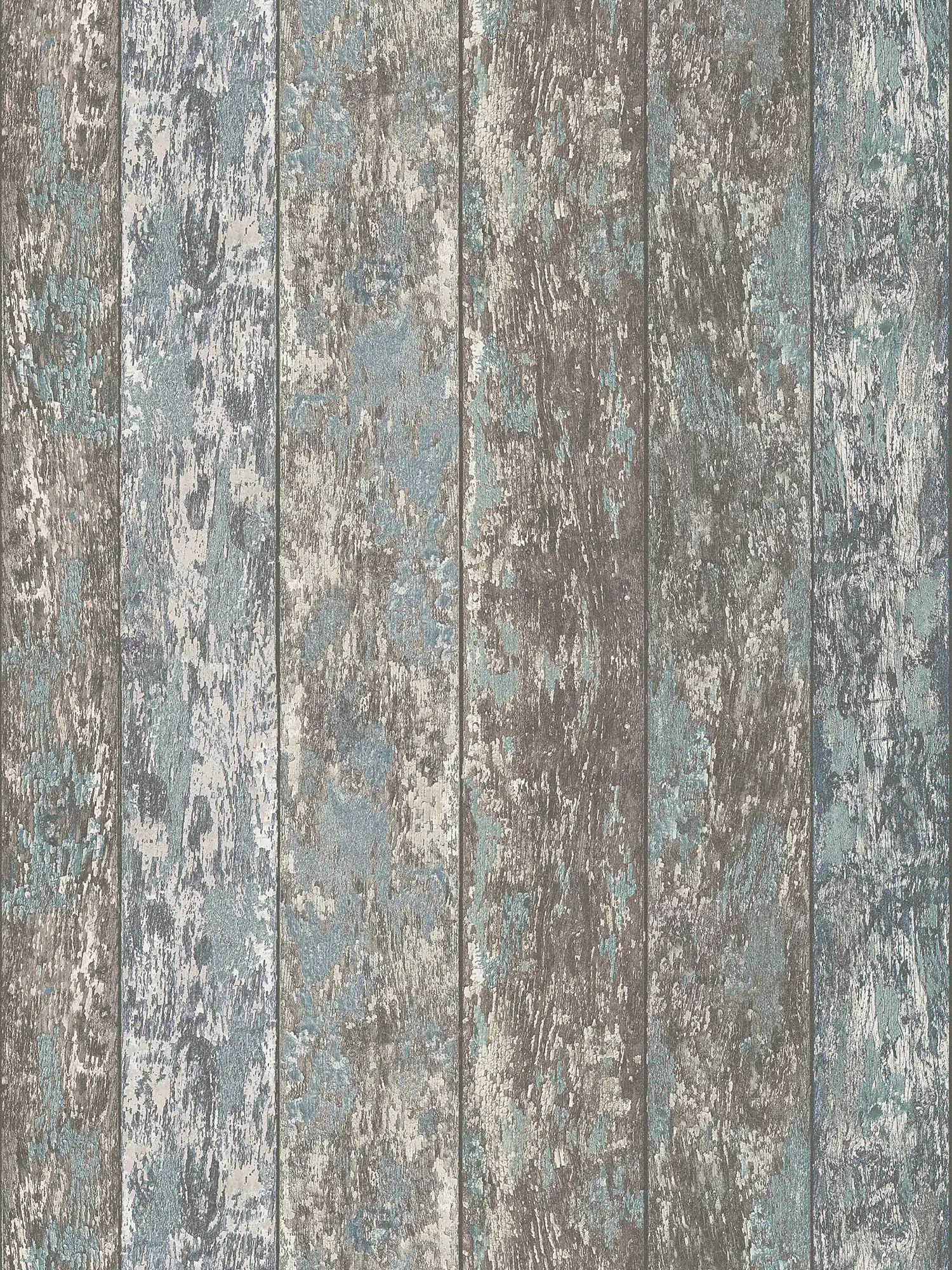 Wood effect non-woven wallpaper in shabby chic used look - blue, brown, grey
