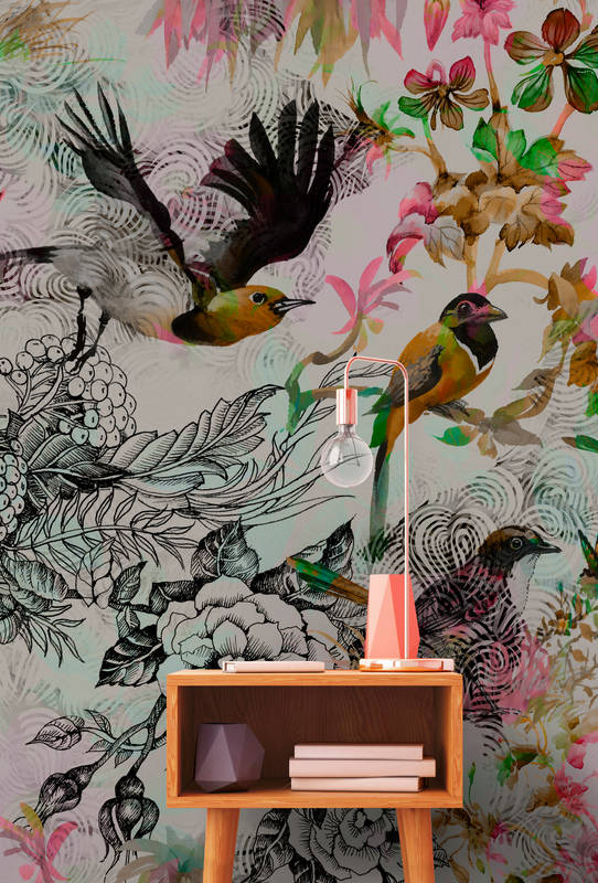             Papel pintado Collage de pájaros y flores - Gris, Rosa
        