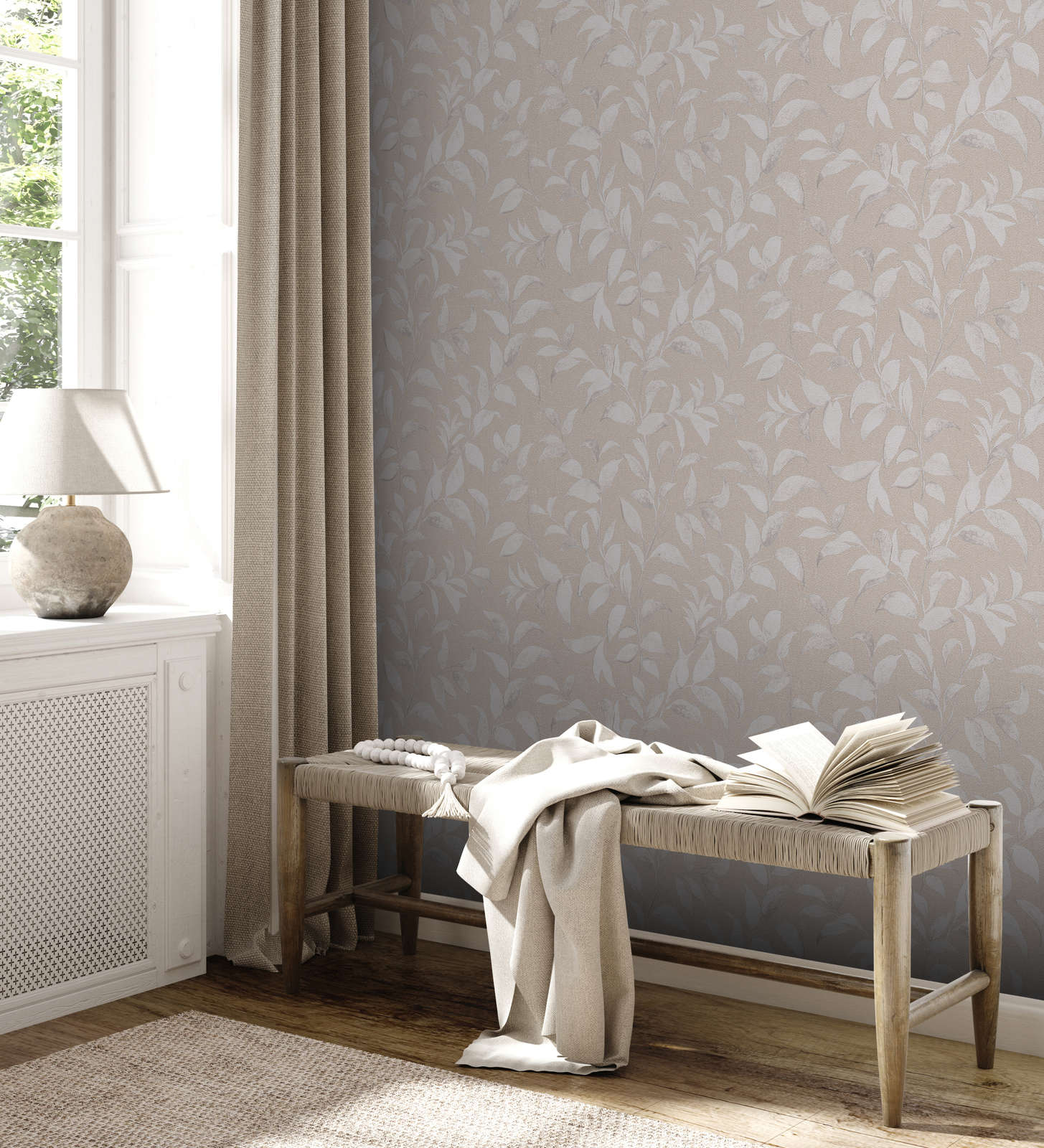             Floral leaves wallpaper shimmering textured - grey, silver
        