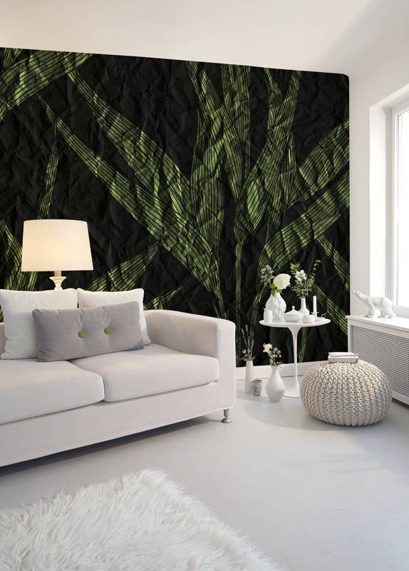             Dark leaves photo wallpaper with paper look - green, black
        