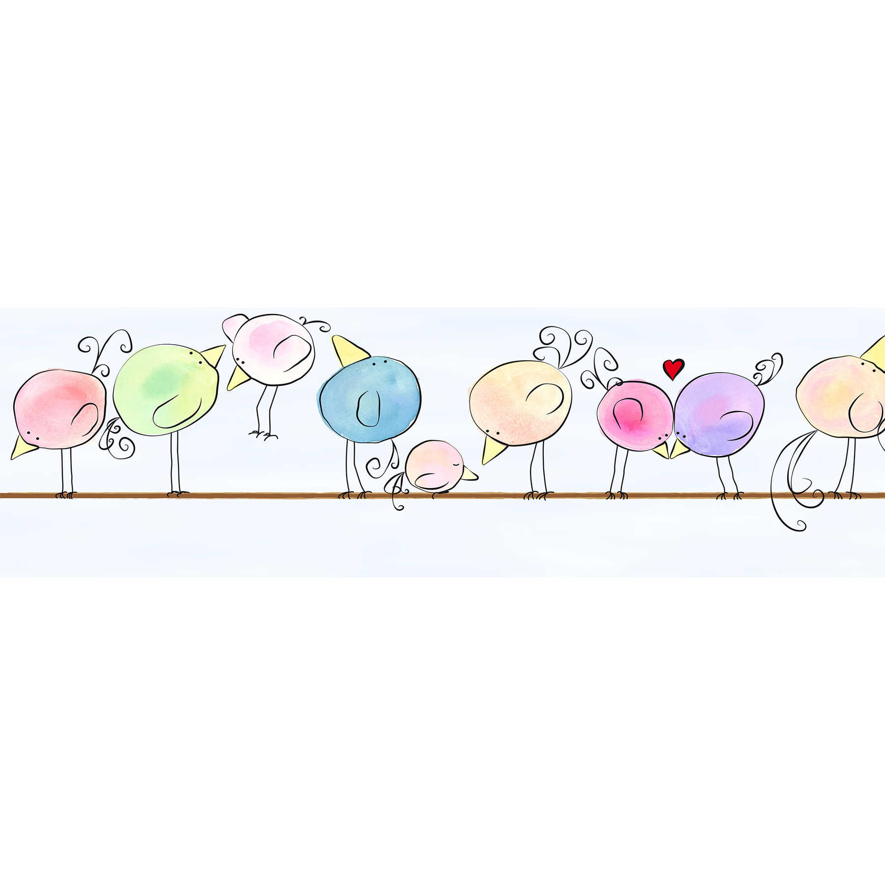 Bordo per la cameretta di bambini felici "Uccelli colorati ad acquerello" - viola, rosa, blu
