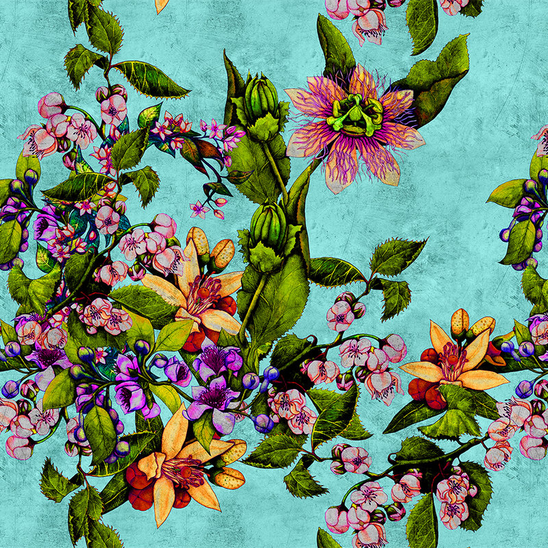 Tropical Passion 1 - Carta da parati fotografica tropicale con motivo floreale in struttura graffiata - Verde, Turchese | Materiali non tessuto liscio perlato
