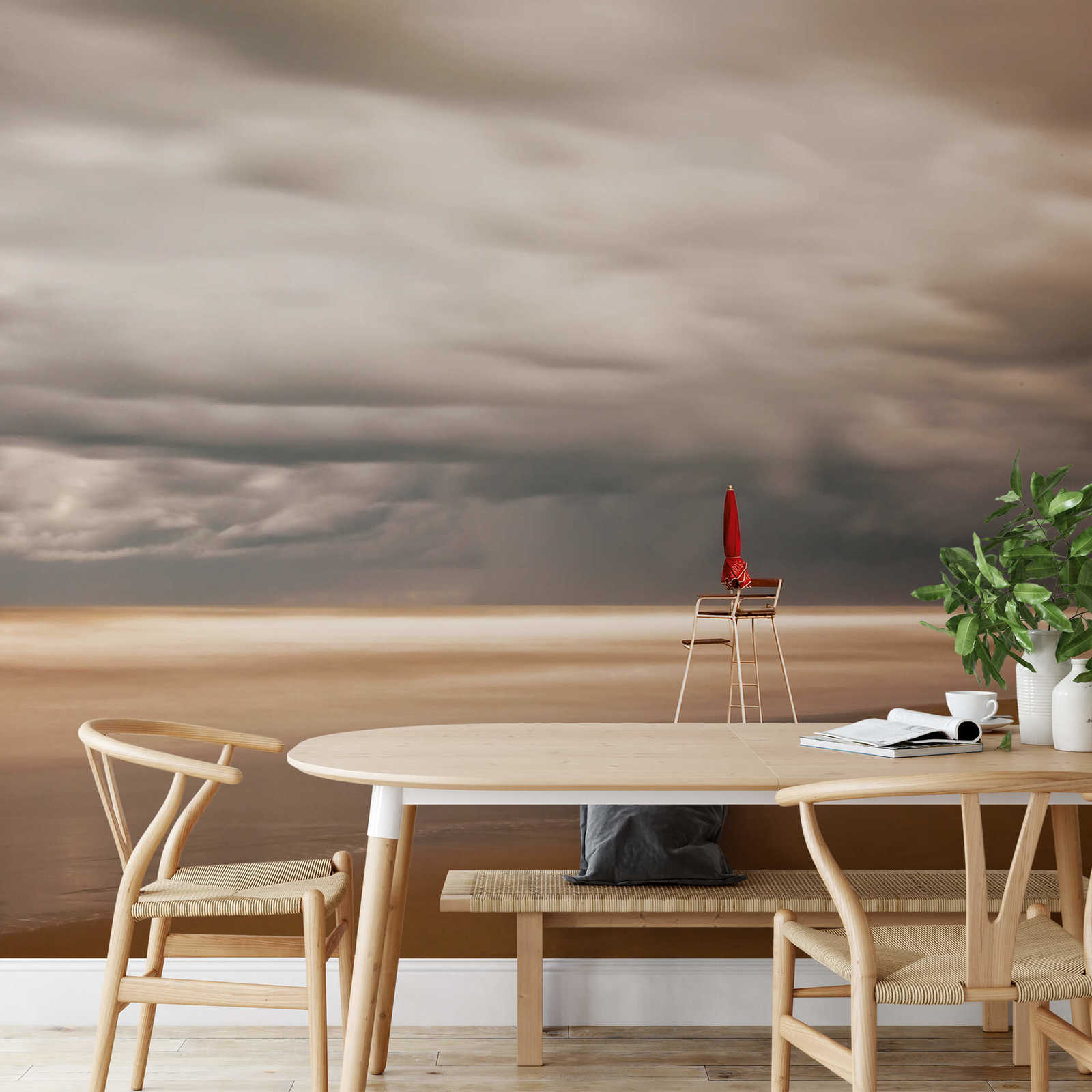             Photo wallpaper beach with chair - cream, grey
        