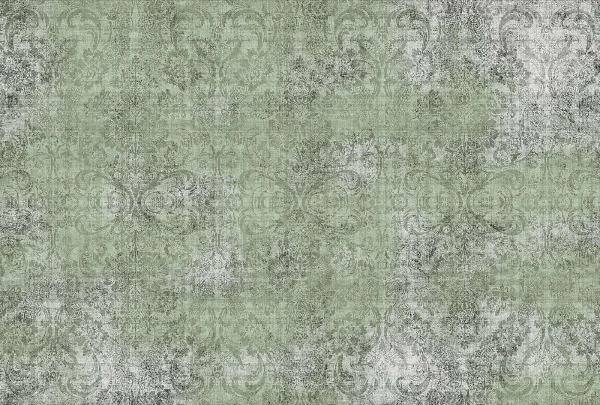             Oud damast 2 - Ornamenten op groen gevlekt behang - Natuurlijke linnenstructuur - Groen | Mat glad vlies
        