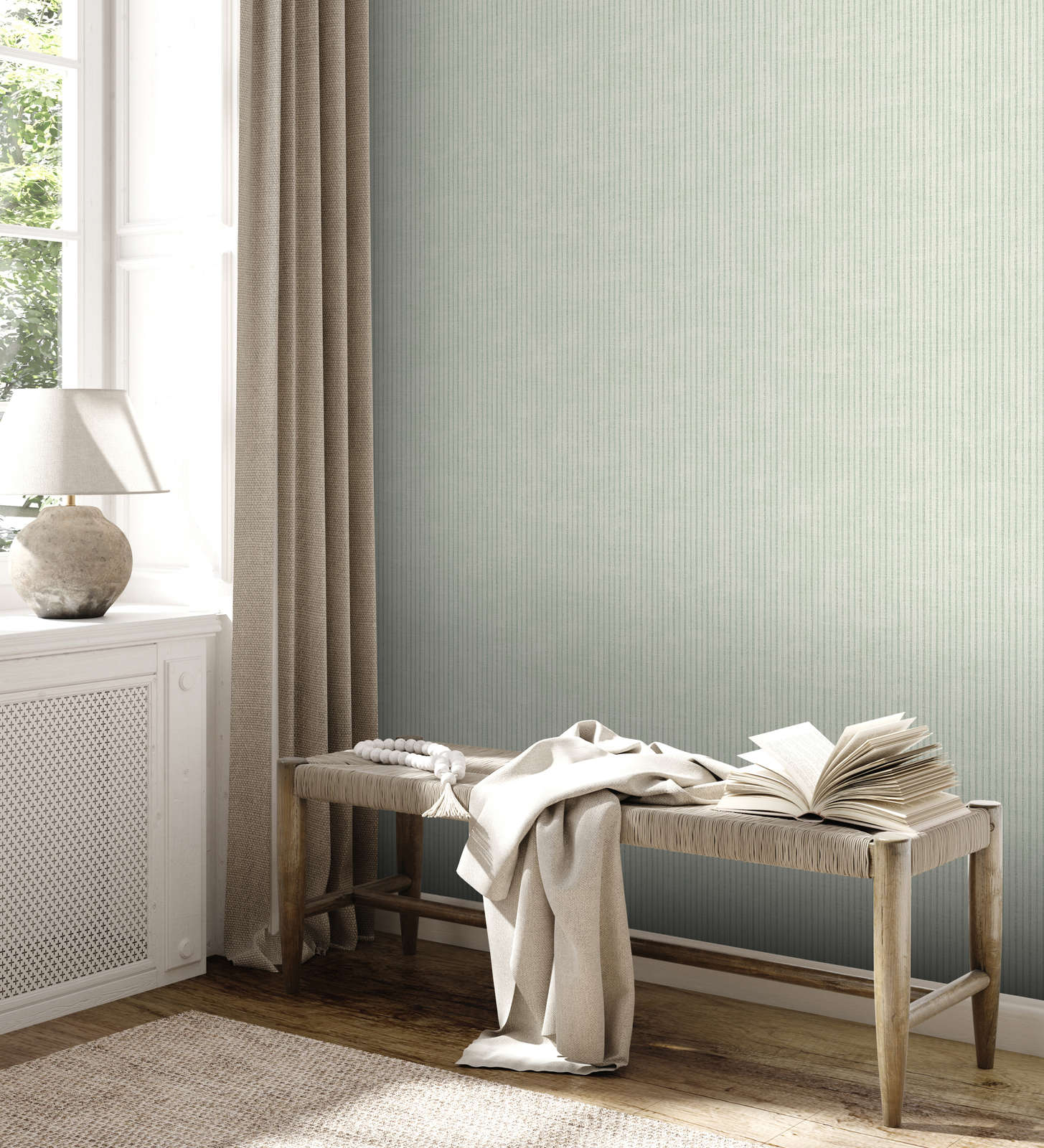             Country house striped wallpaper in vintage style - cream, green
        