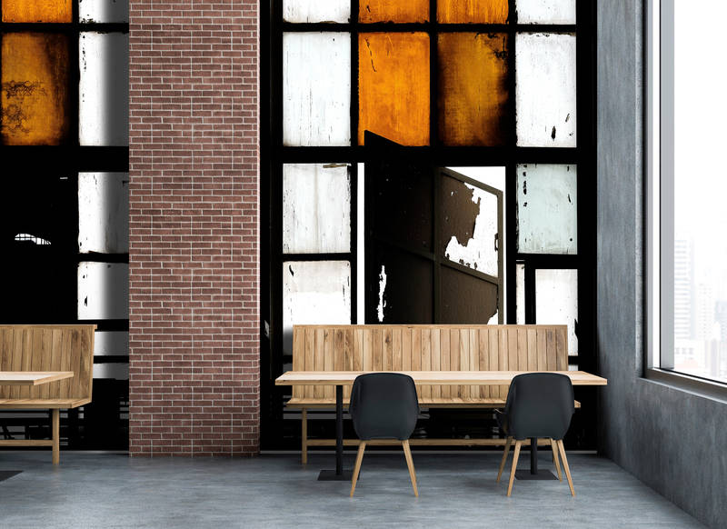             Bronx 2 - Digital behang, Loft met glas in lood ramen - Oranje, Zwart | Matte gladde fleece
        