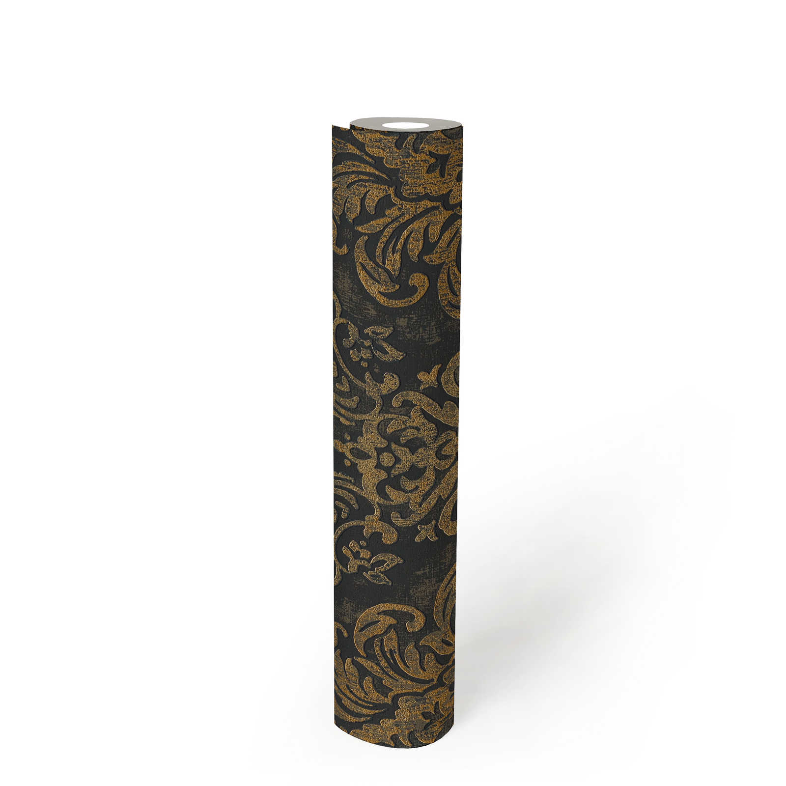             Non-woven wallpaper with baroque ornaments & metallic used look - black, gold
        