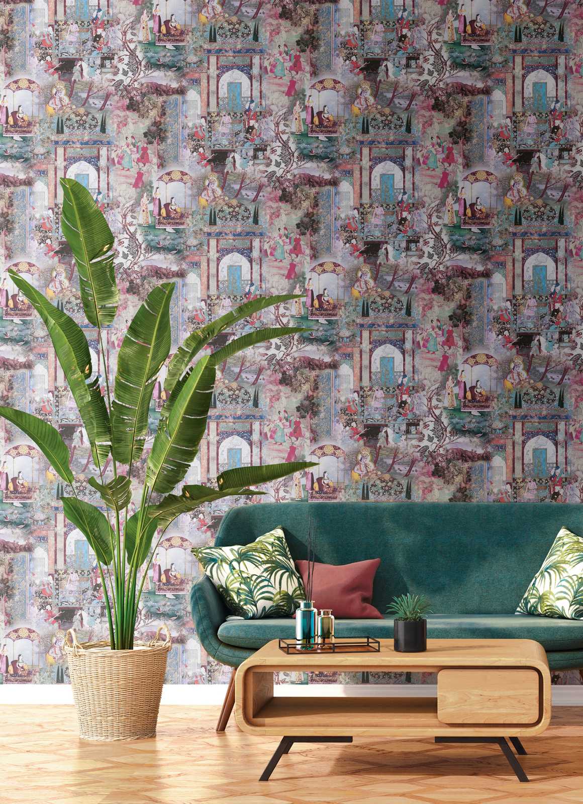             Motif wallpaper vintage ethnic design - colourful, green
        