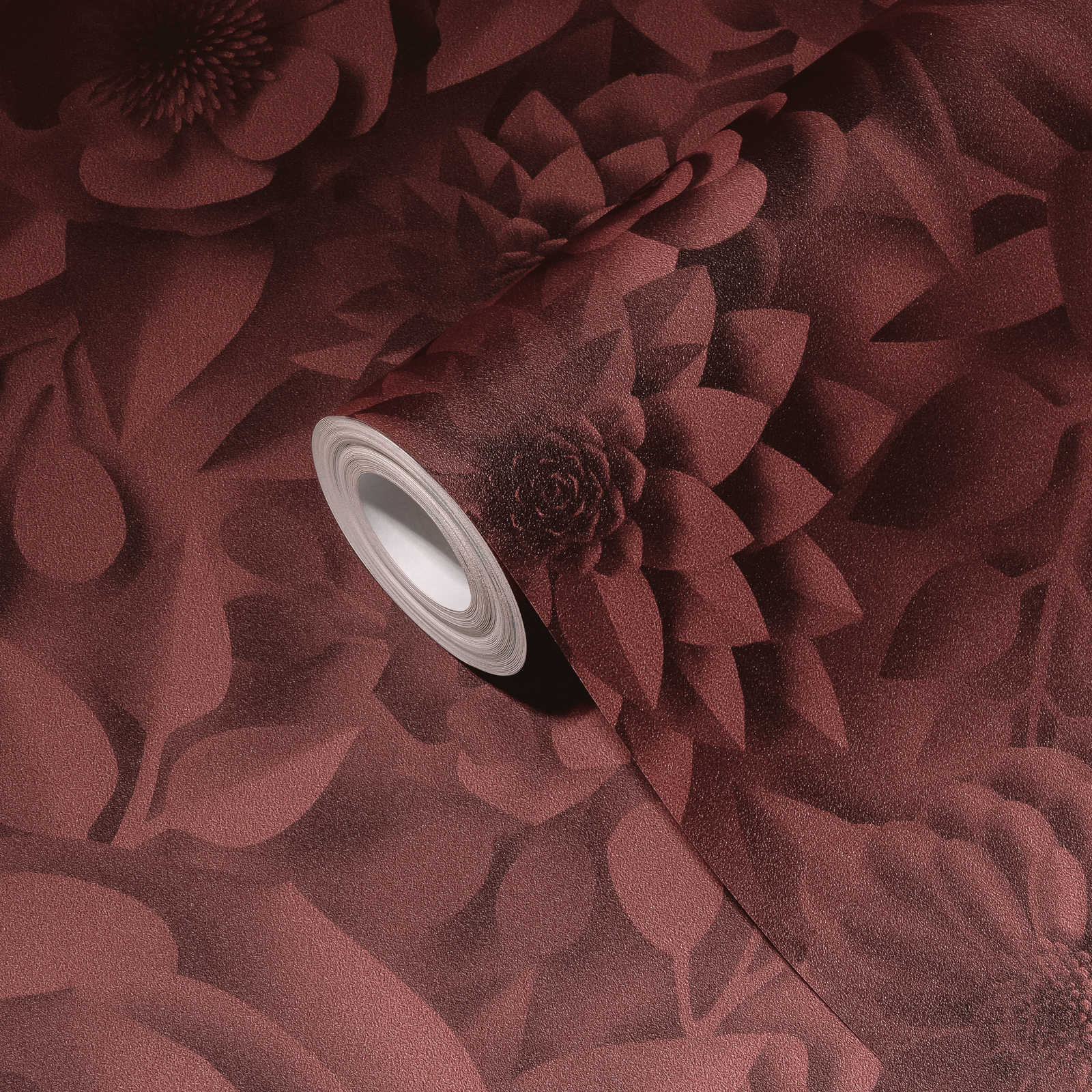             Carta da parati 3D con fiori di carta, motivo grafico floreale - Rosso
        