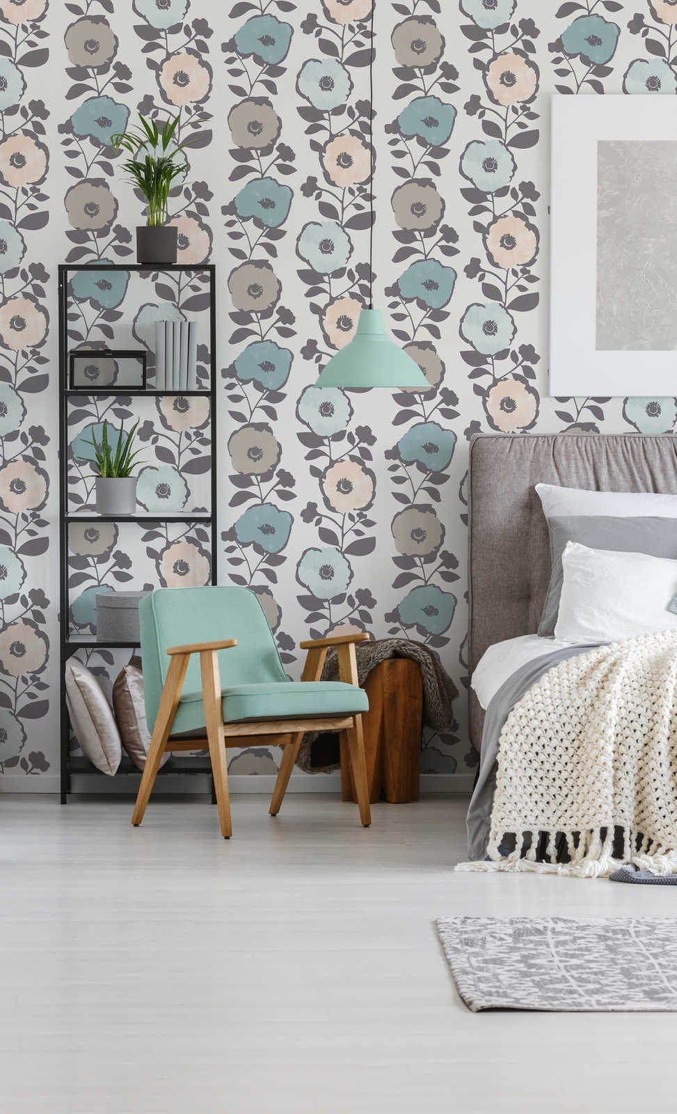             Wallpaper flowers decor in Scandinavian style - beige, grey
        