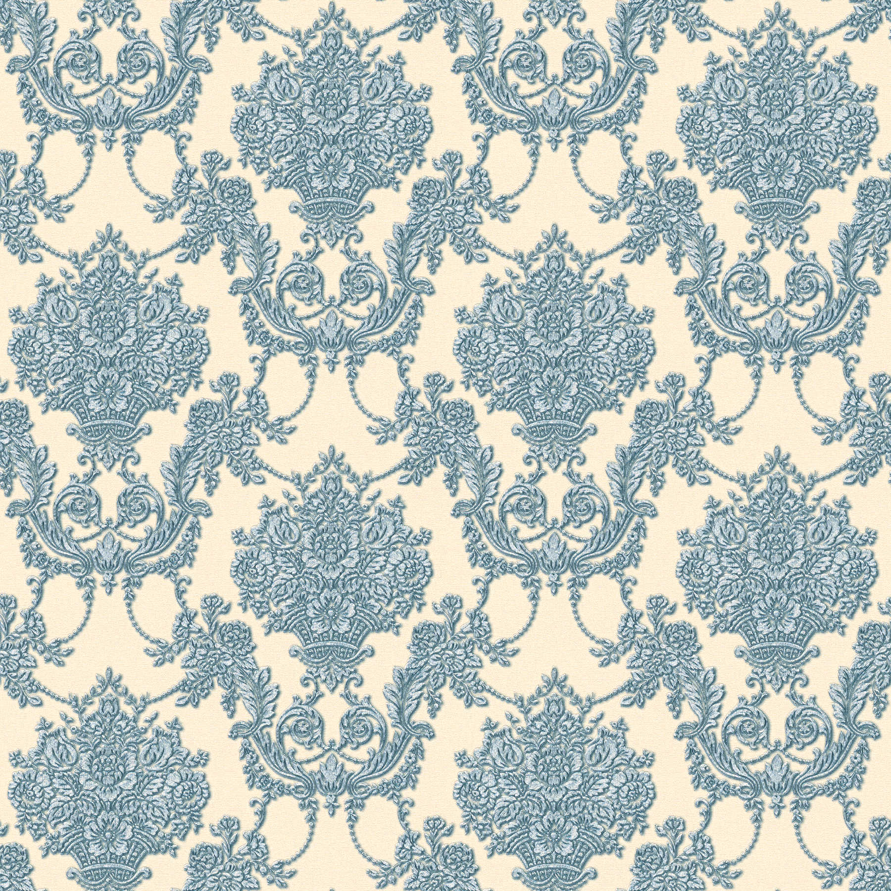 Ornamental wallpaper floral with metallic accent - beige, blue
