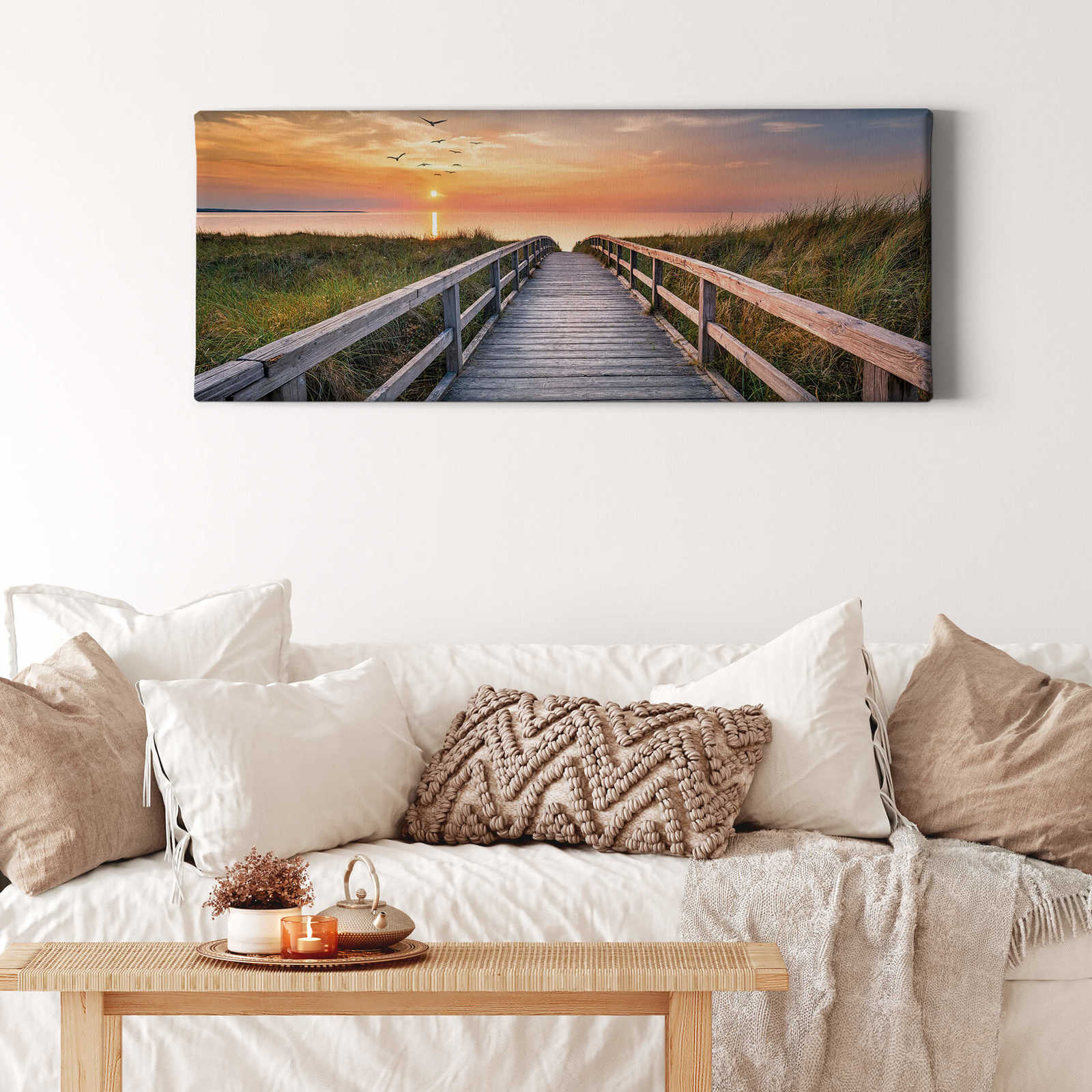             Panorama op canvas van Noordzeeduinen met steiger in verschillende kleuren - 1,00 m x 0,40 m
        