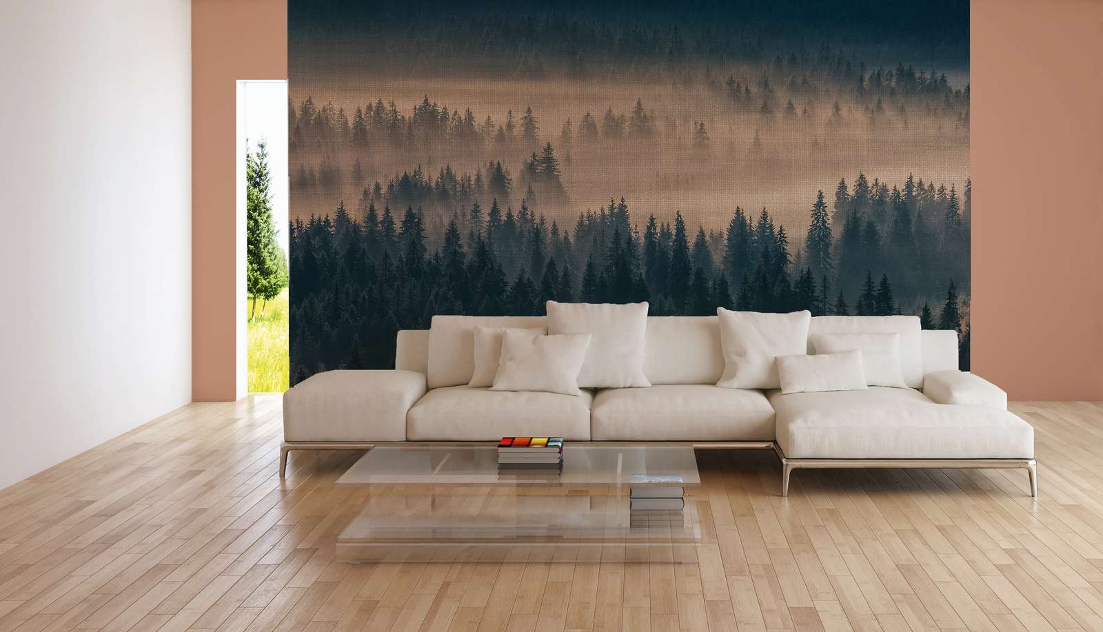            Forest Landscape Wallpaper on Linen Texture Optics - Blue, Beige
        