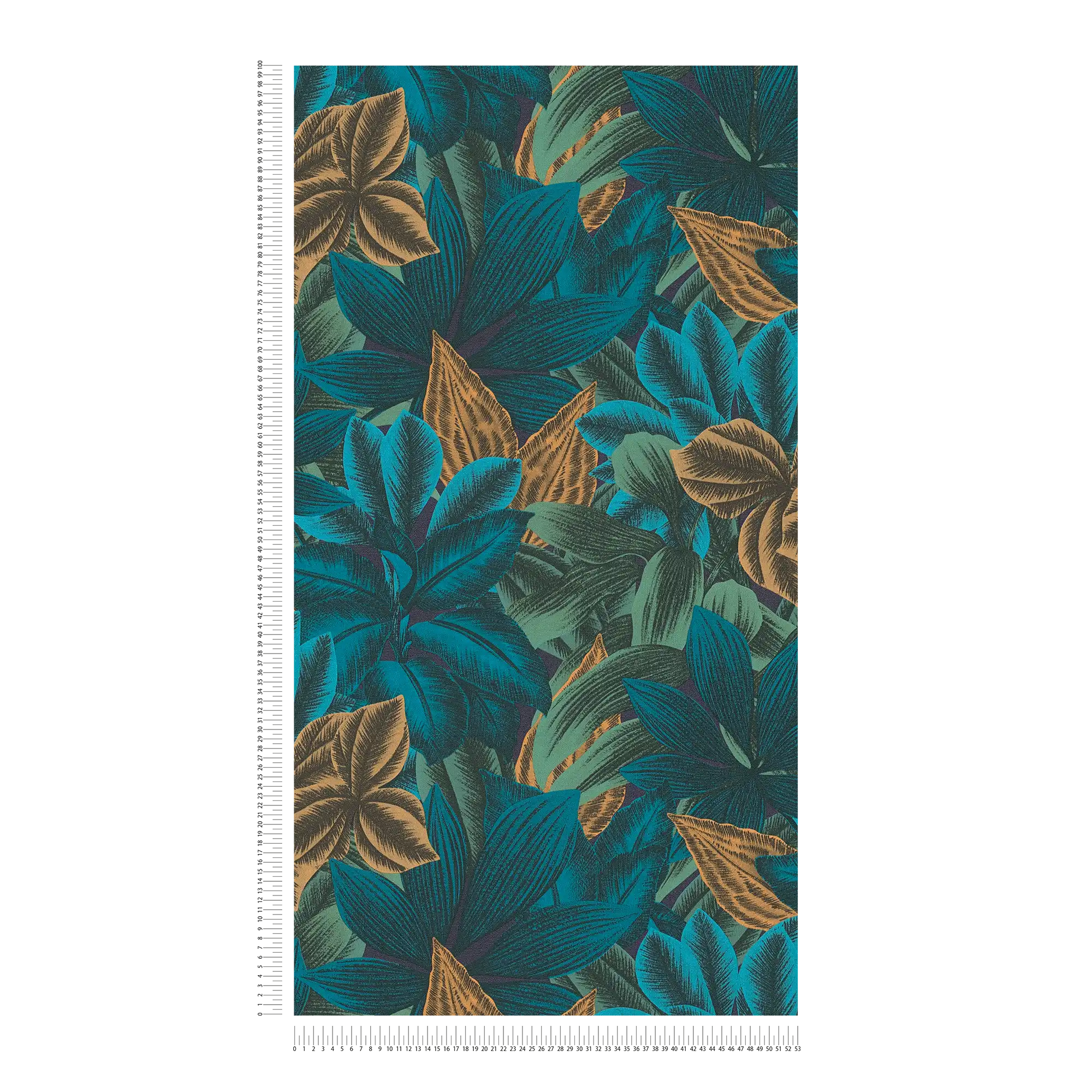             Gebloemd vliesbehang met jungle bladmotief - blauw, oranje, paars
        