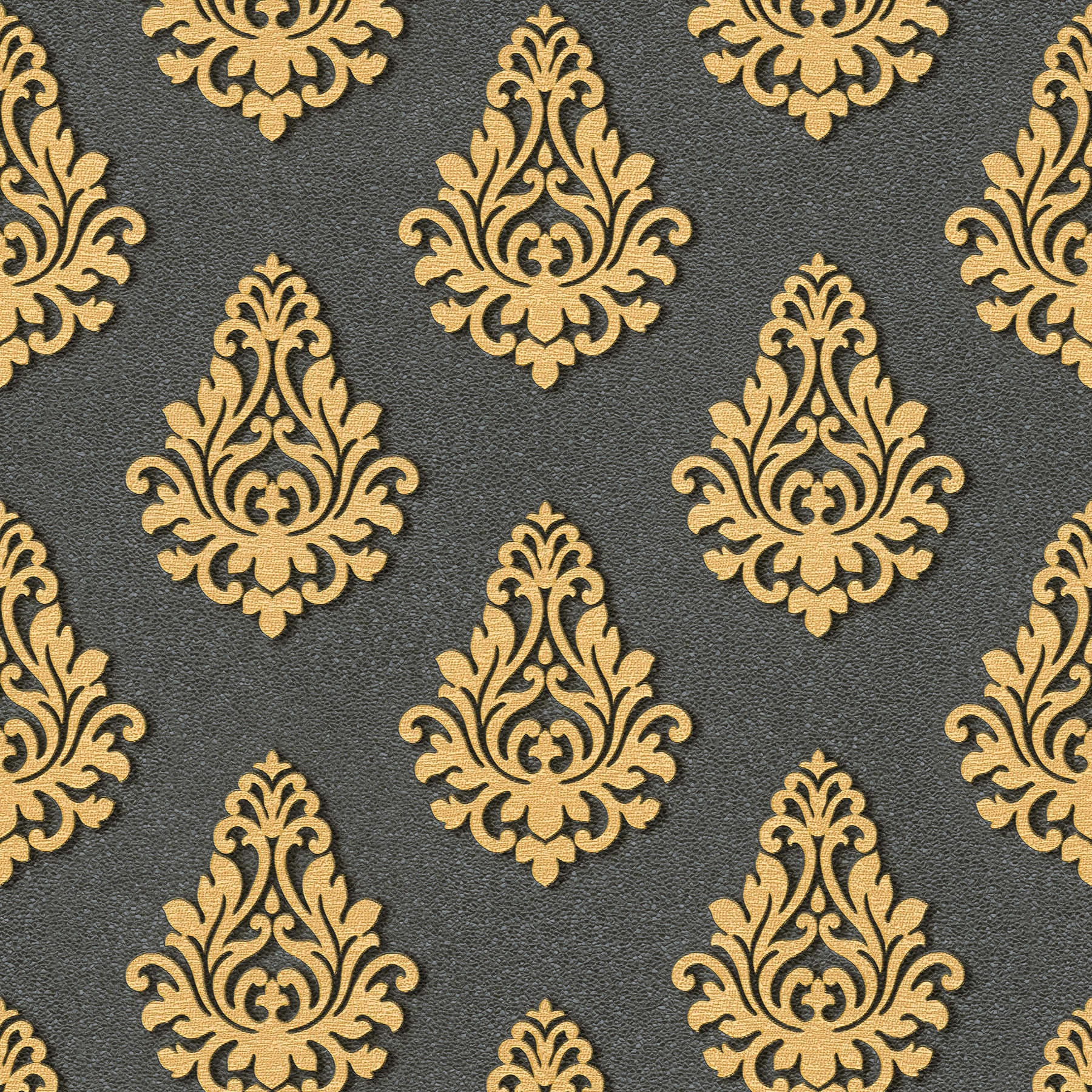 Ornamental wallpaper with metallic colours & texture effect - gold, black
