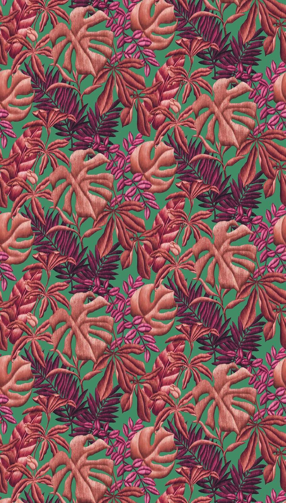             Wallpaper with large-scale leaf pattern fern & banana leaves - red, orange, turquoise
        