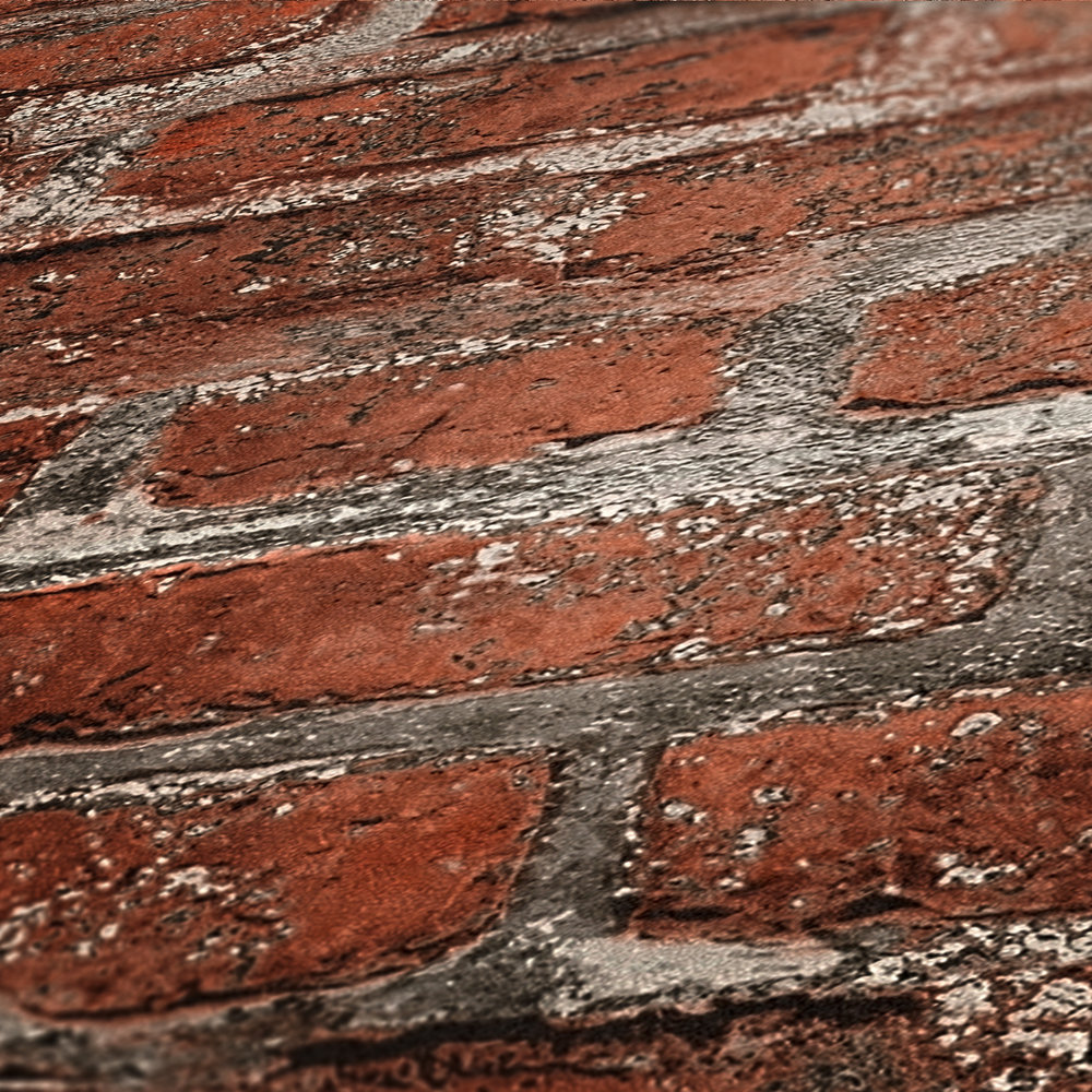             Wallpaper in stone look with bricks, brick - red, grey
        