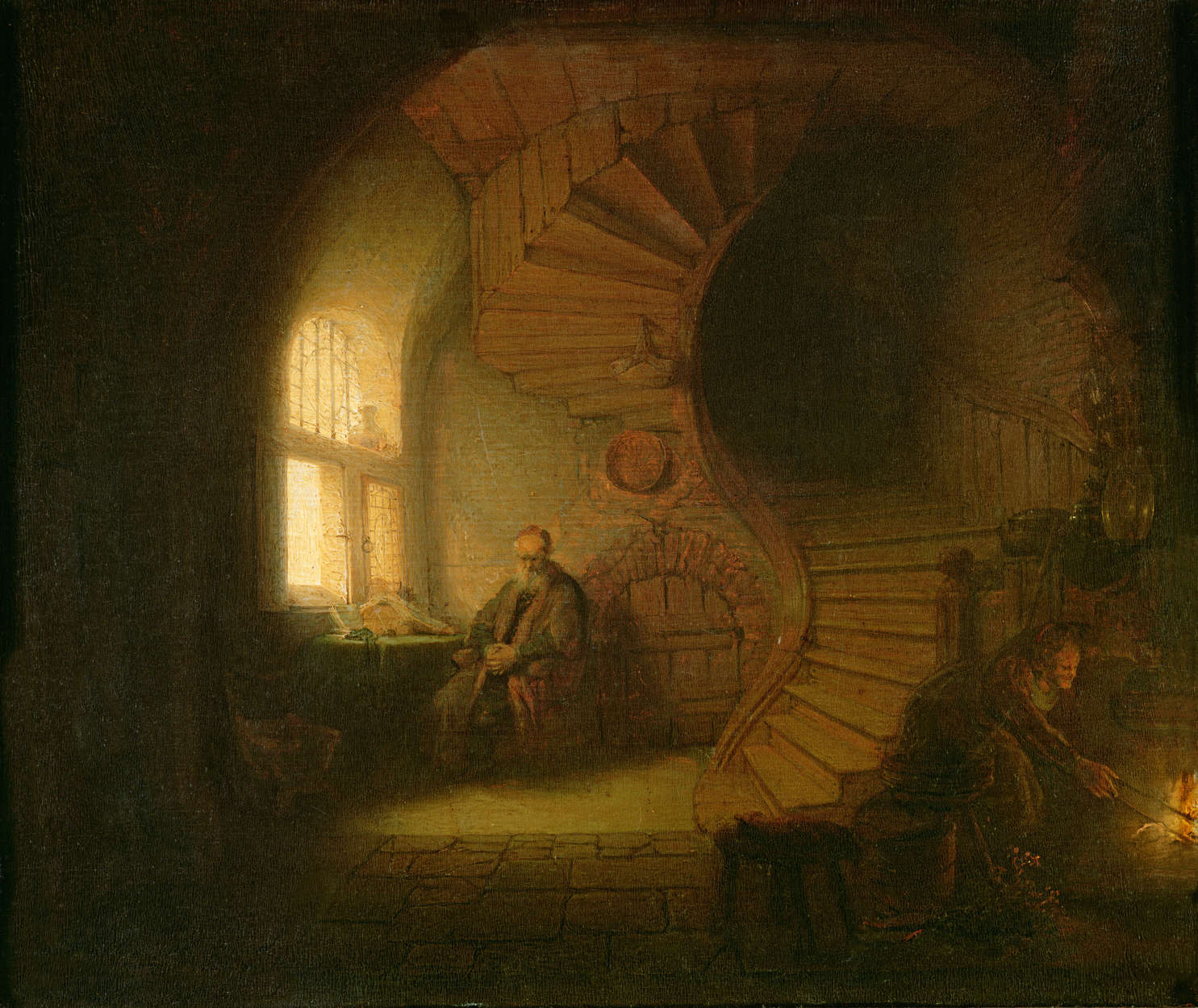             Filosoof in meditatie" muurschildering van Rembrandt van Rijn
        