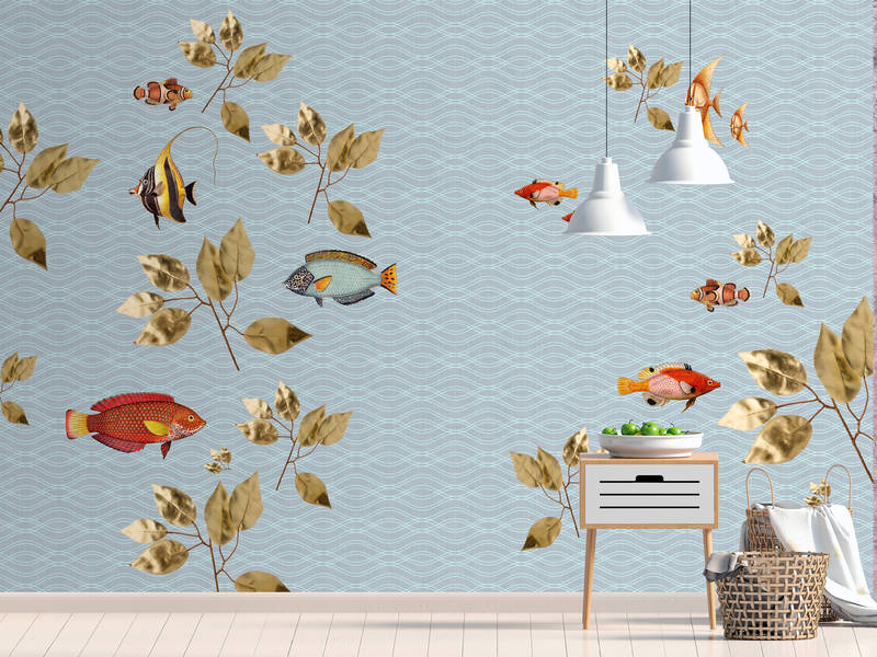             Brilliant fish 1 - Flying fish wallpaper in natural linen structure - Blue | mother-of-pearl smooth fleece
        