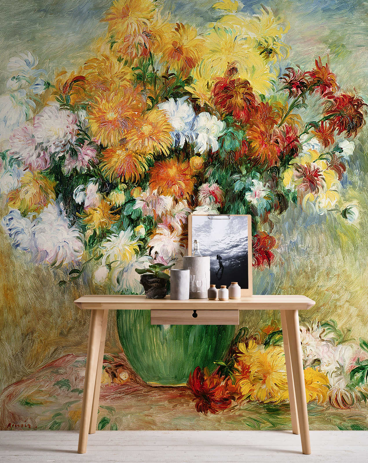             Boeket bloemen met chrysant" muurschildering van Pierre Auguste Renoir
        