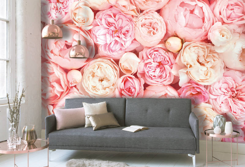             Papier peint avec motif de roses - rose, blanc, crème
        