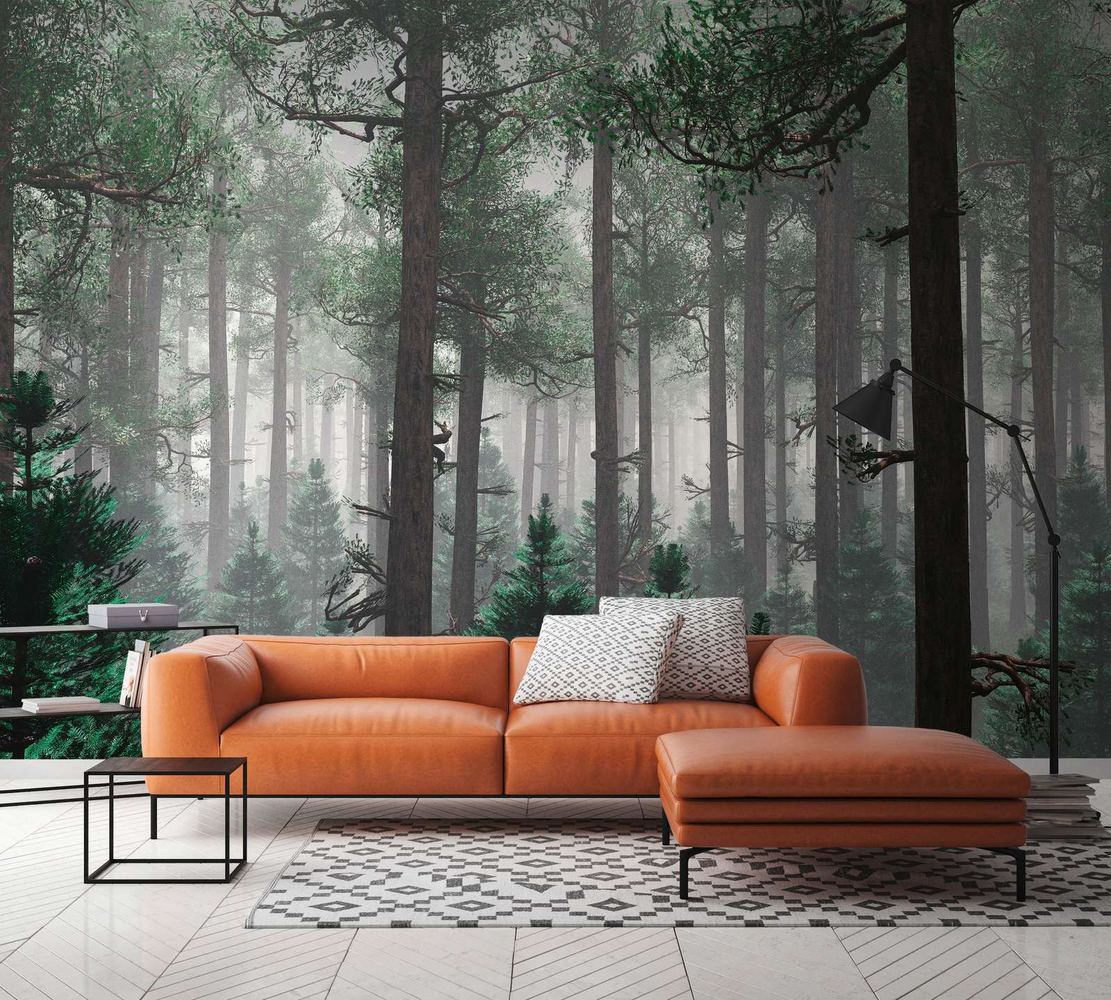             Papier peint panoramique Forêt dans le brouillard avec de grands arbres - vert, marron, gris
        