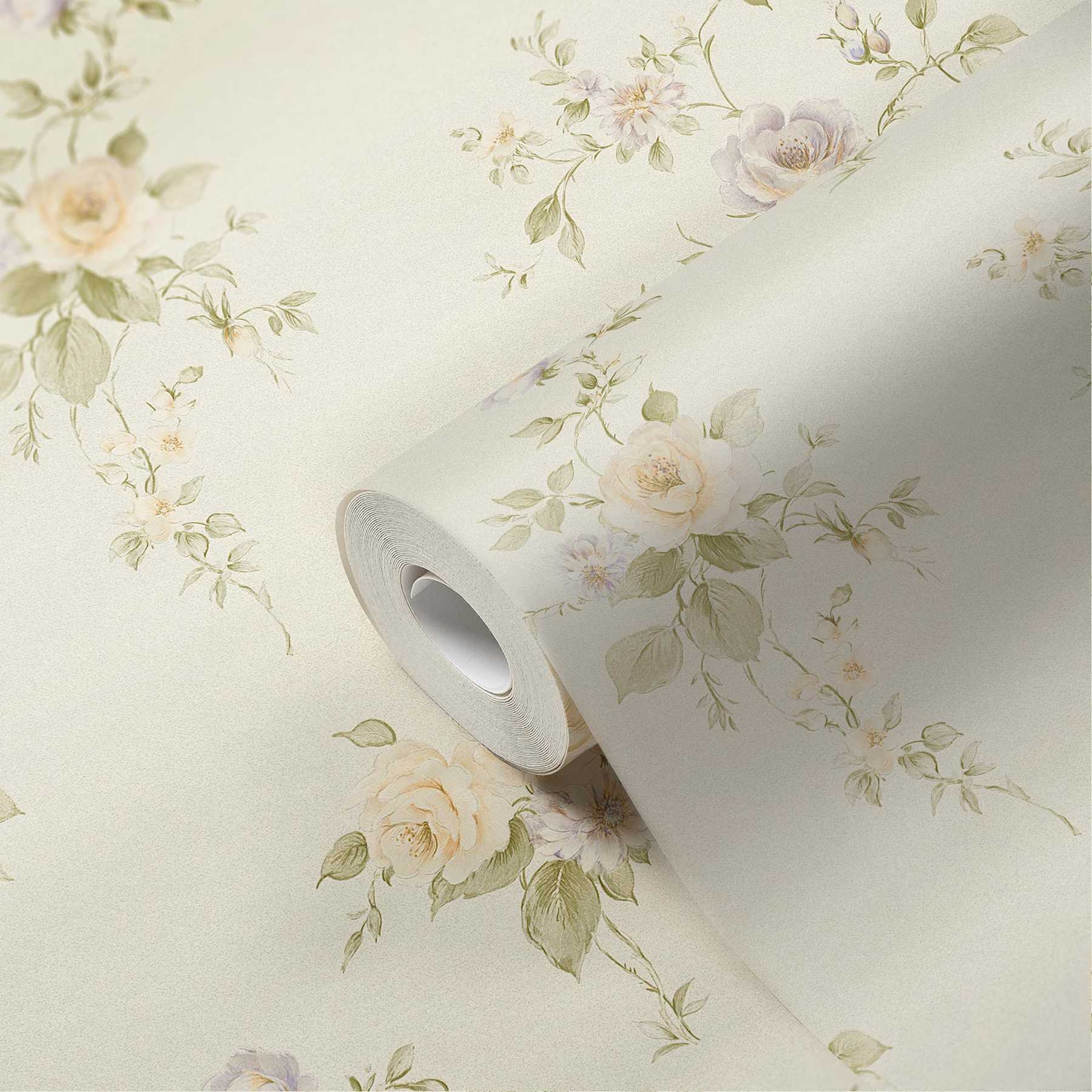             Roses wallpaper with floral ornaments - cream, green, orange
        