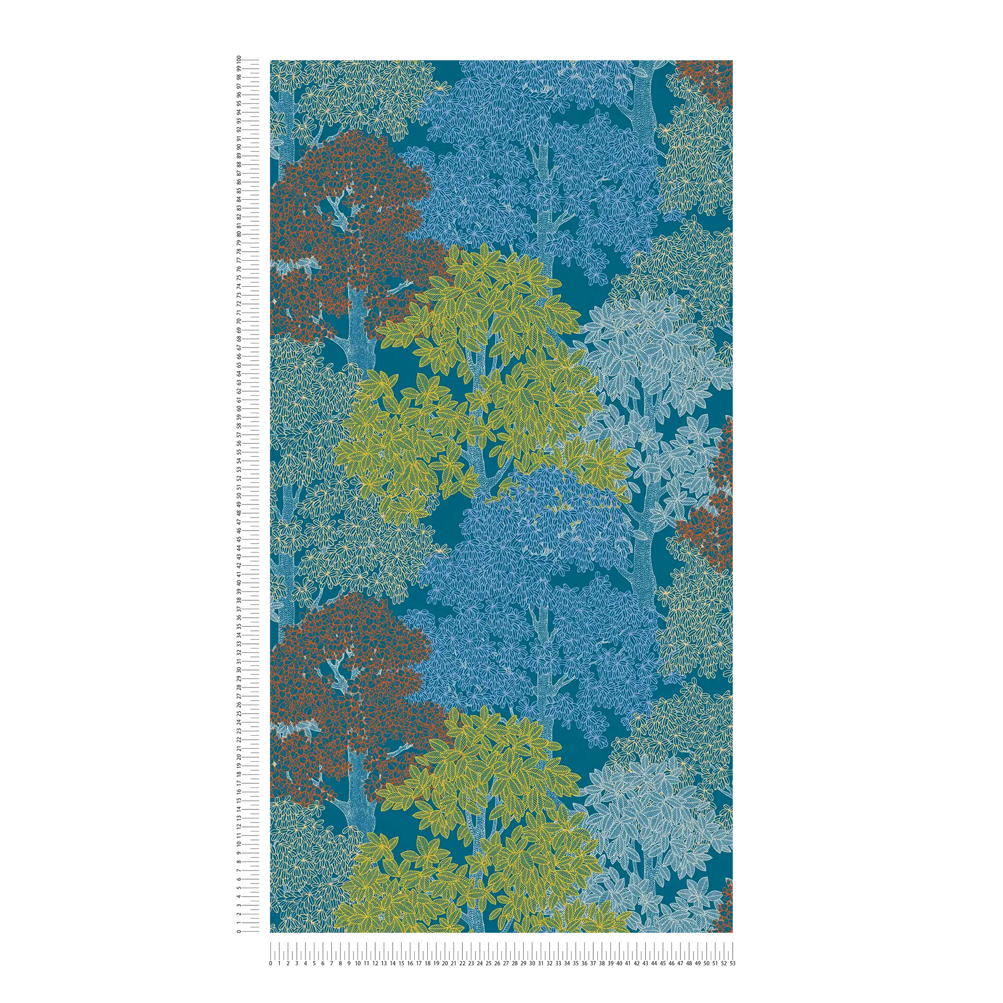             Carta da parati in stile scandinavo con motivi di alberi - blu, giallo, rosso
        