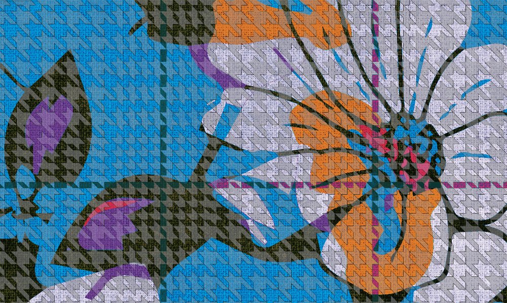             Flor a cuadros 3 - Fotomural colorido mosaico de flores azules - Estructura a cuadros - Azul, Verde | Vellón liso mate
        