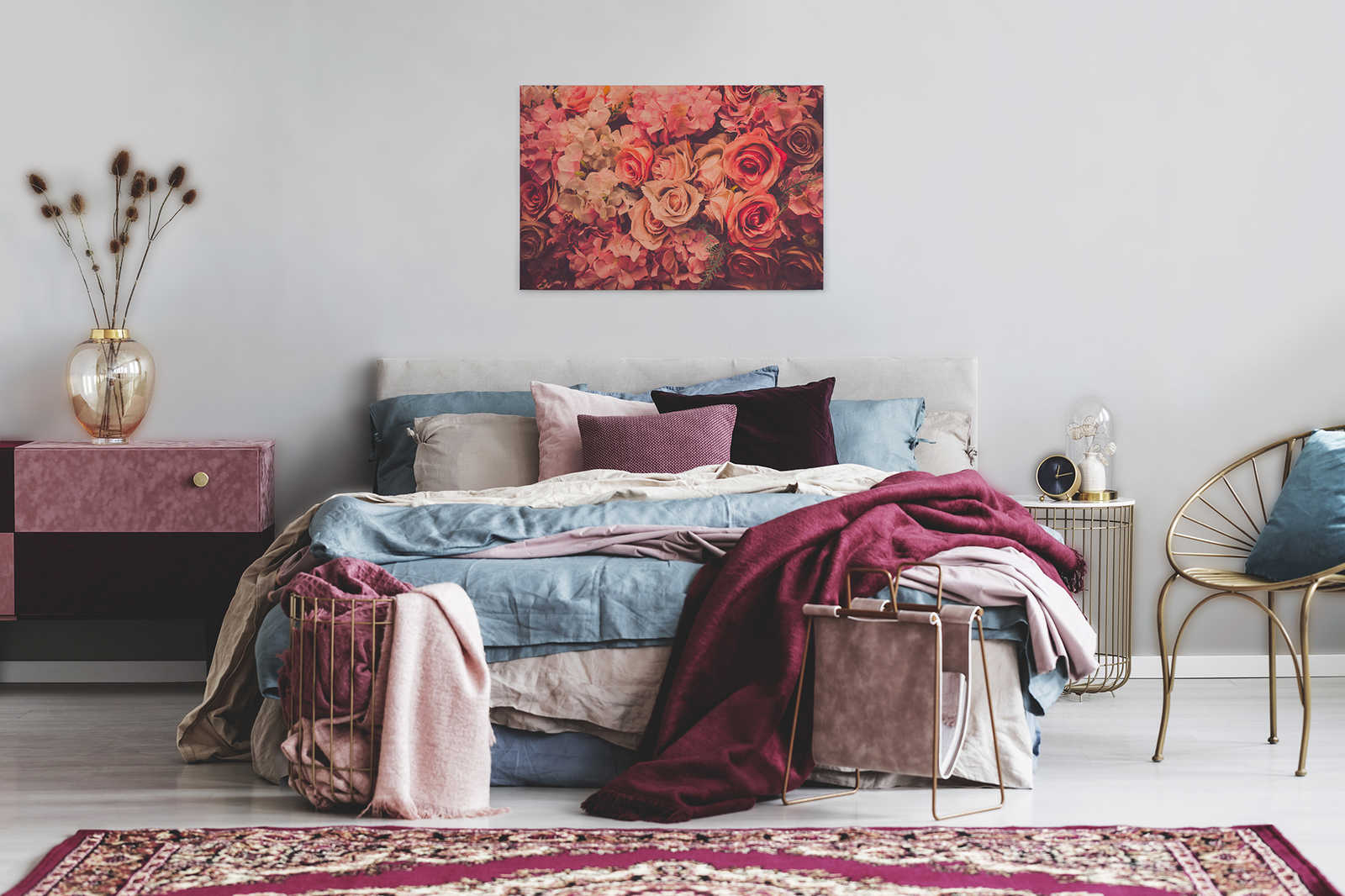             Canvas met romantisch rozenmotief in linnenlook - 0,90 m x 0,60 m
        