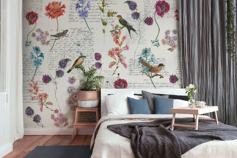             Vintage style flowers & birds mural - Colorful, White, Blue
        