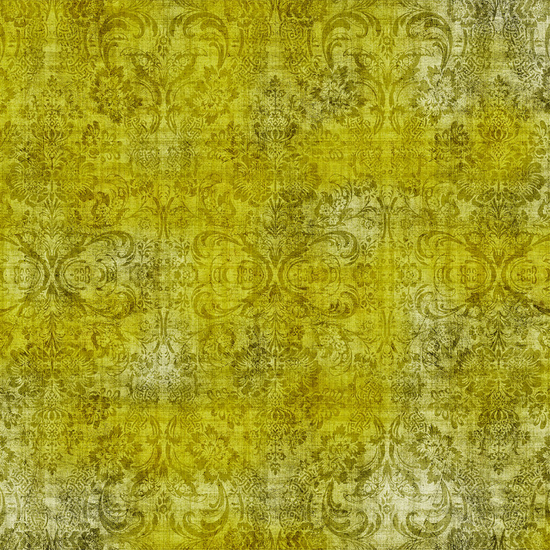 Old damask 1 - Ornaments on yellow-mottled photo wallpaper in natural linen structure - Yellow | mother-of-pearl smooth non-woven
