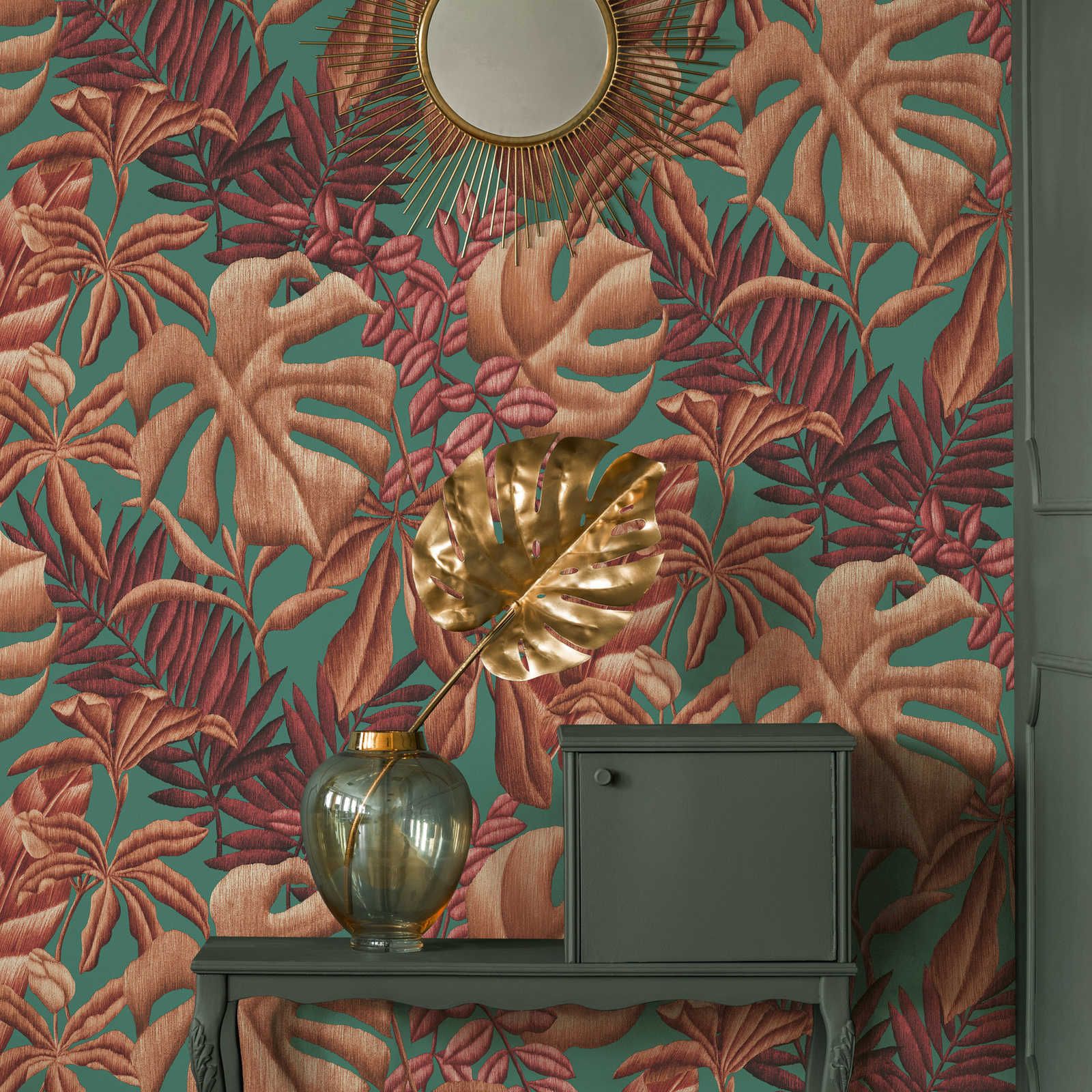 Wallpaper with large-scale leaf pattern fern & banana leaves - red, orange, turquoise
