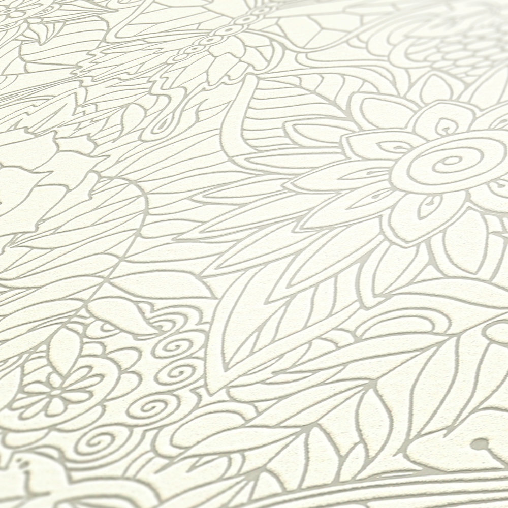             Papel pintado no tejido con diseño de garabato floral, mate y brillante - blanco,
        