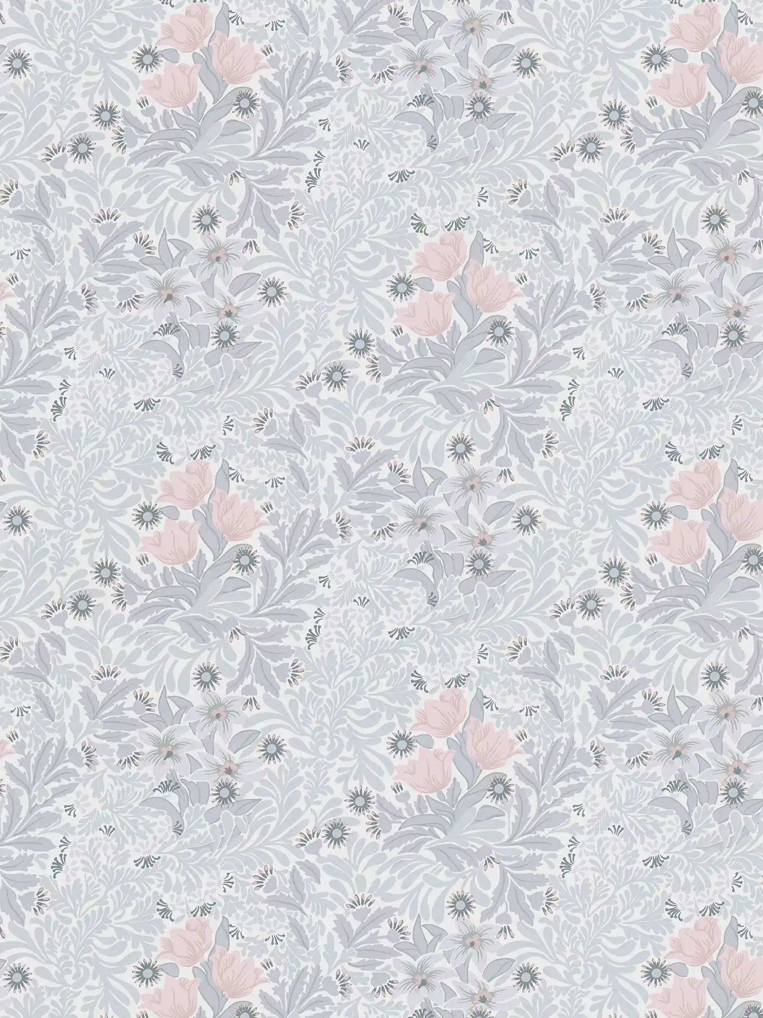 Non-woven wallpaper with floral pattern in soft shades - grey, pink, white
