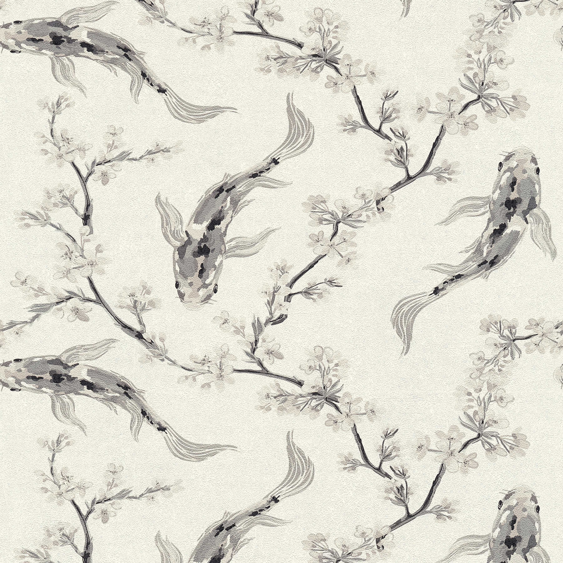         Non-woven wallpaper with koi pattern in Asian style - grey, beige, cream
    