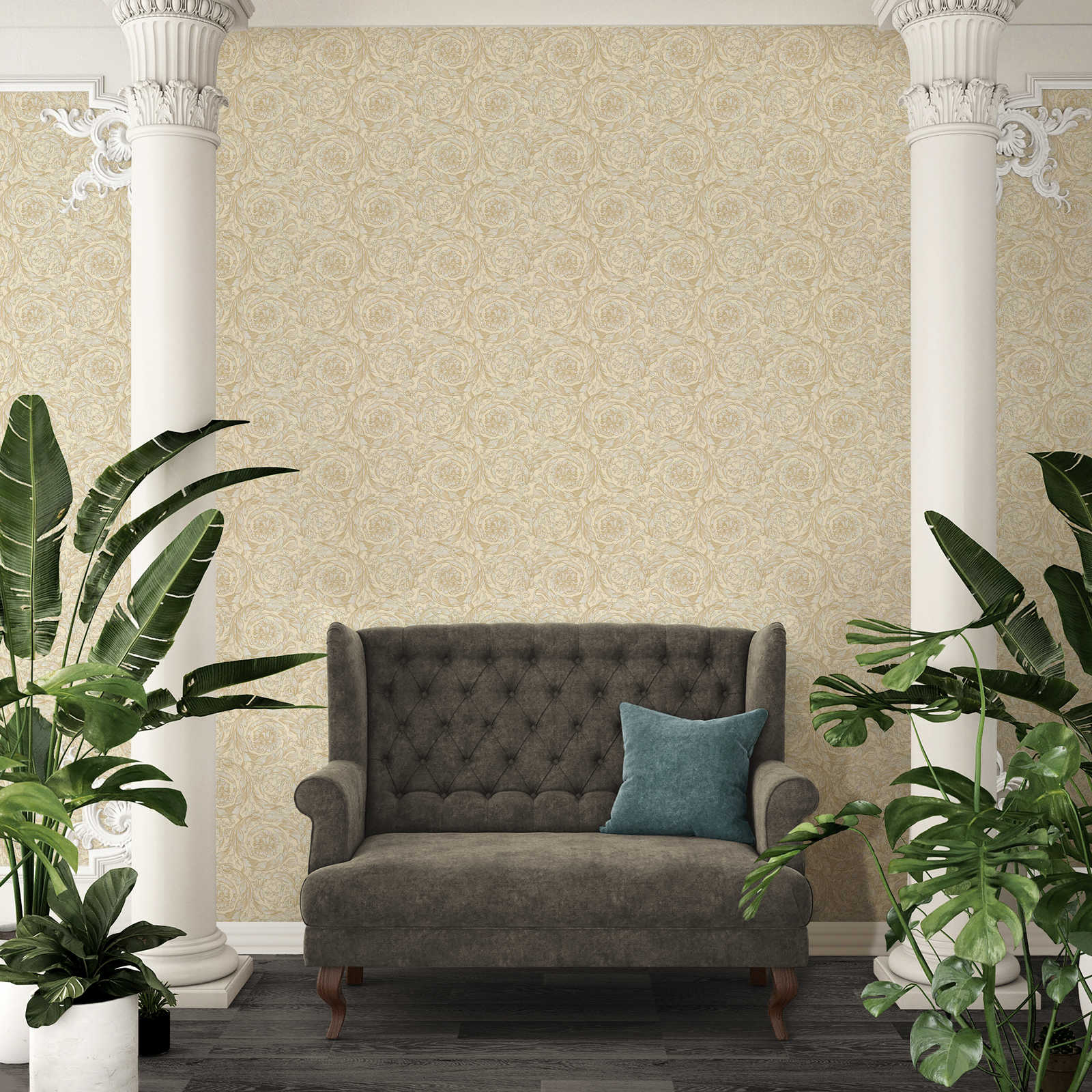             Opulent non-woven wallpaper with metallic ornaments - beige
        