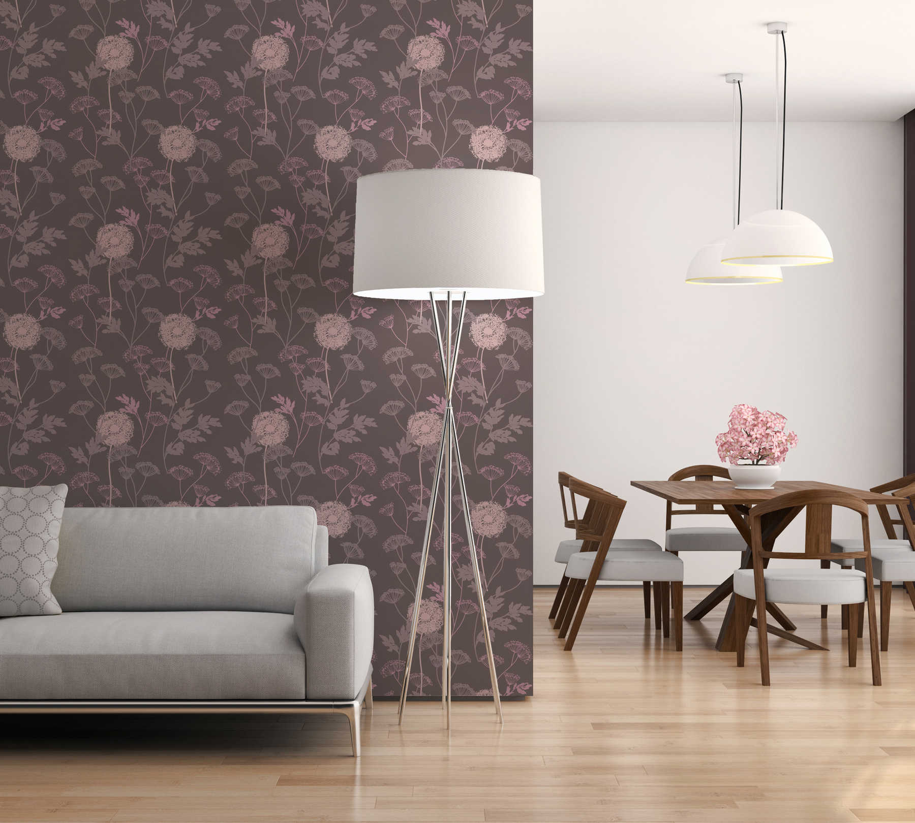             Papel pintado texturizado con motivos florales en colores cálidos - marrón, rosa, beige
        