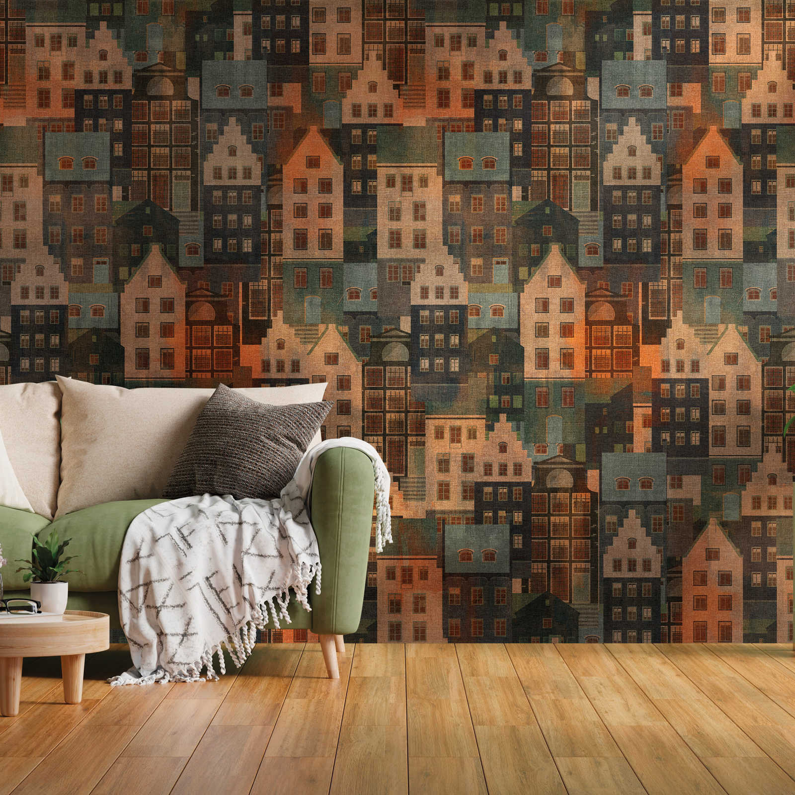        Non-woven wallpaper with urban pattern - multicoloured, blue, orange
    