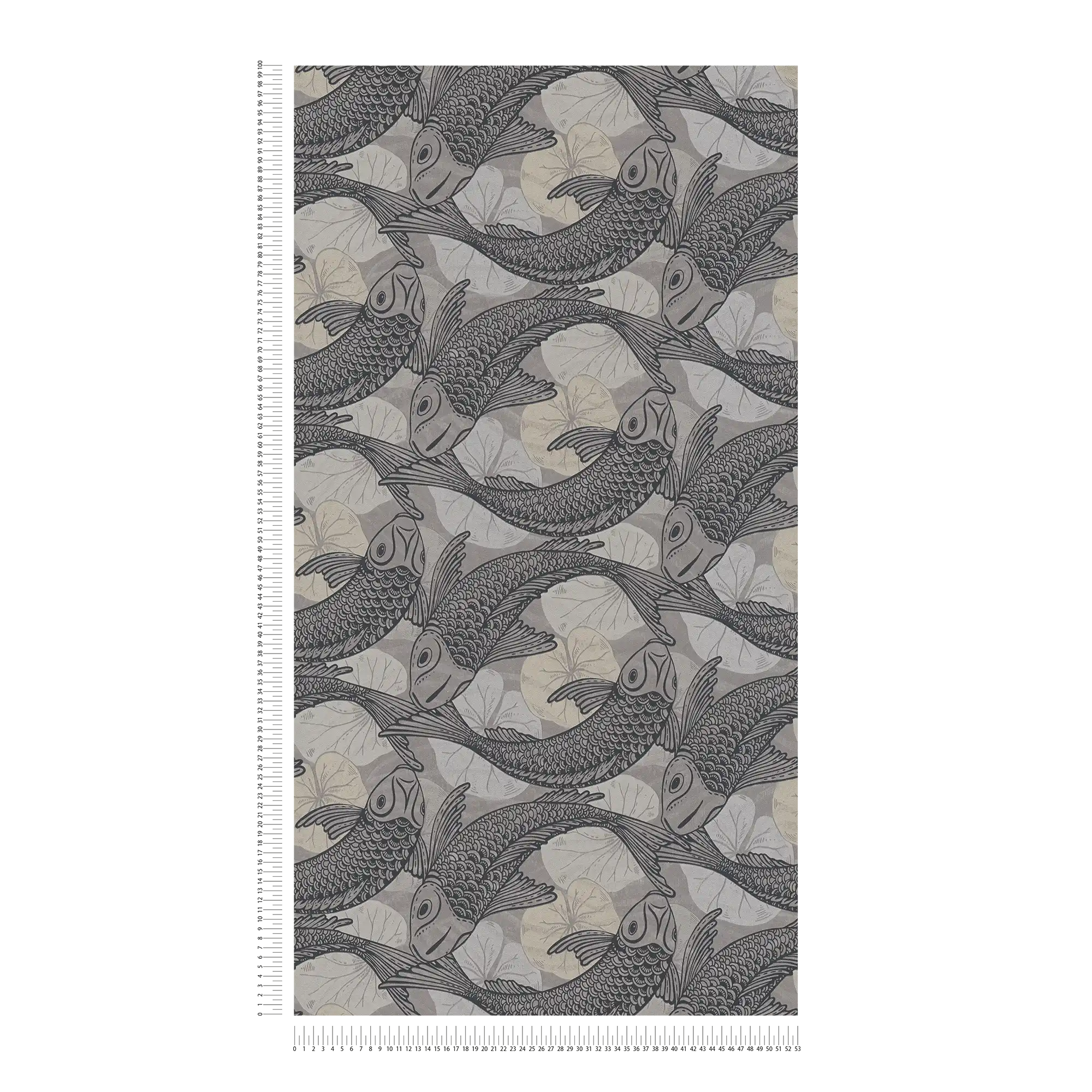             Wallpaper Asian design with koi motif & metallic effect - beige, grey, black
        