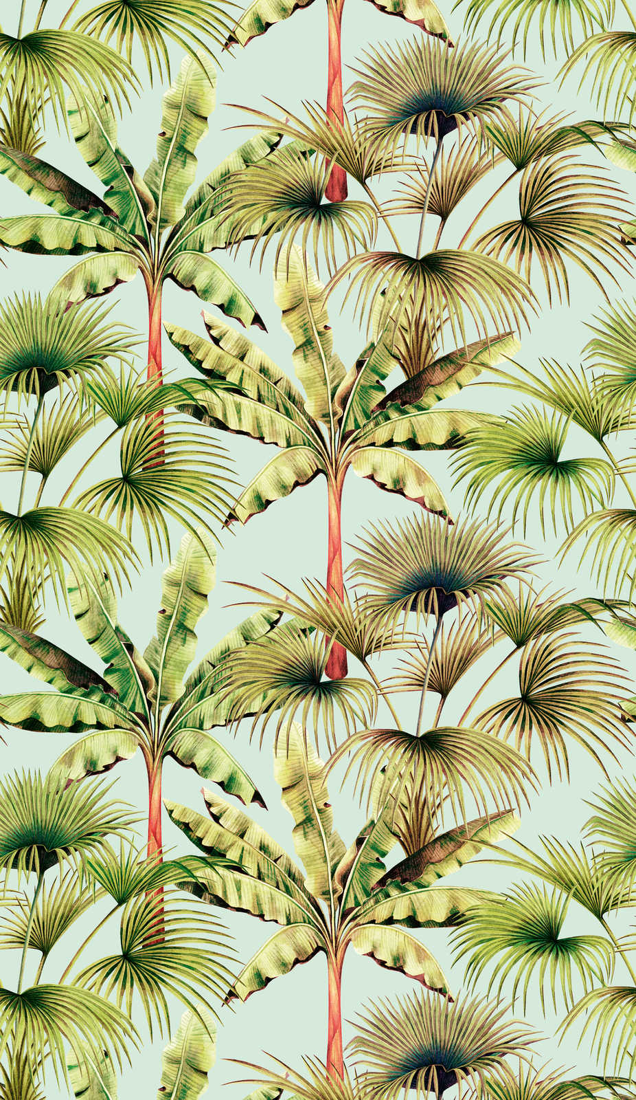             Colourful non-woven wallpaper with leaf pattern - light blue, green, red
        