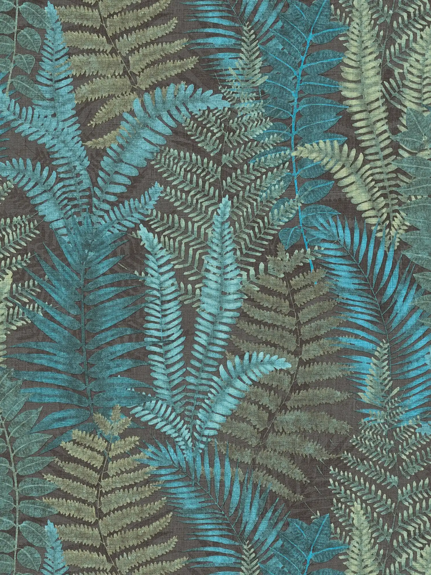 Non-woven wallpaper floral with fern leaves light textured, matt - black, blue, green
