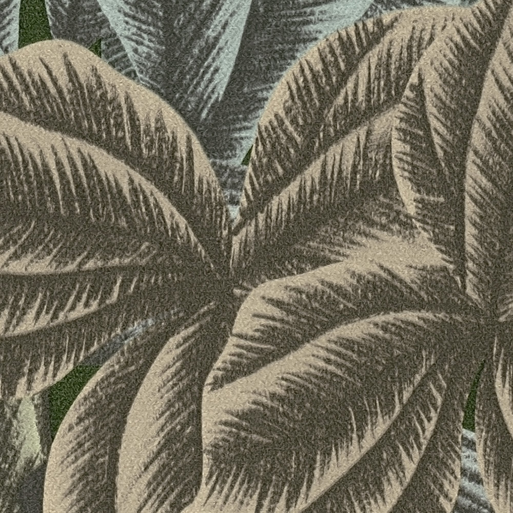             Papel pintado con estampado de hojas de aspecto tropical - verde, azul, gris
        