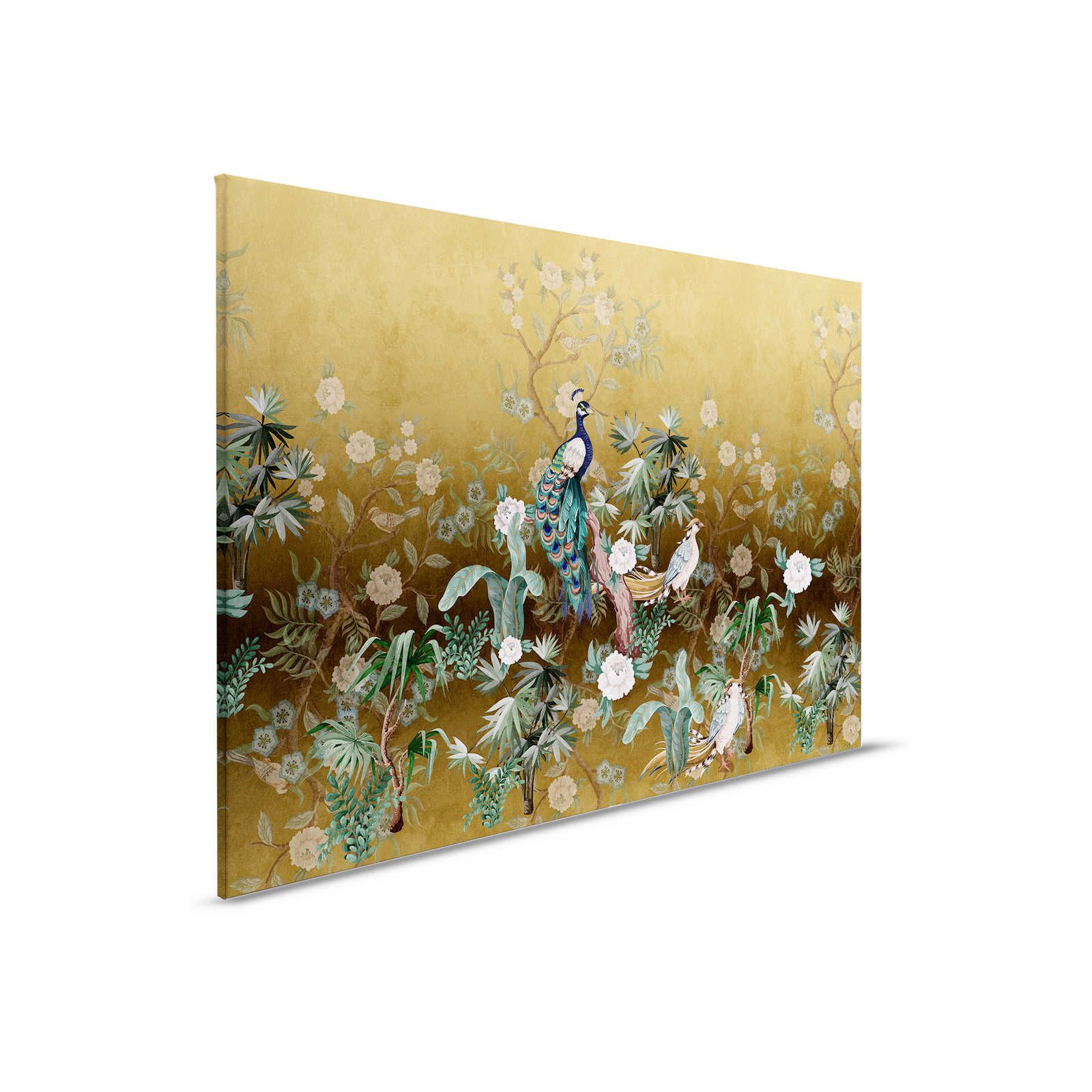 Peacock Island 3 - Canvas painting Peacocks Garden Gold with Plants & Blossoms - 0,90 m x 0,60 m
