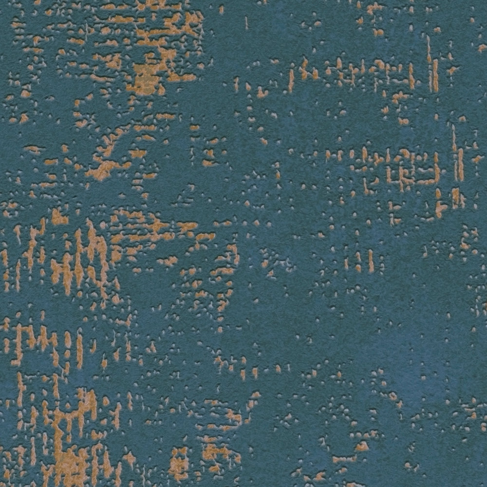             Papel pintado azul con acento metálico dorado y detalles de textura
        