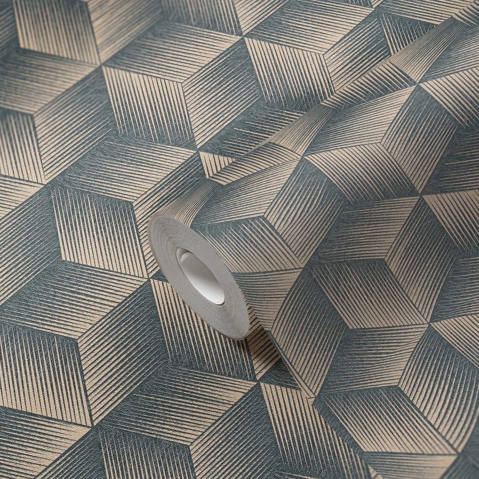             Papier peint intissé avec motif de cubes aspect 3D sans PVC - bleu, beige
        
