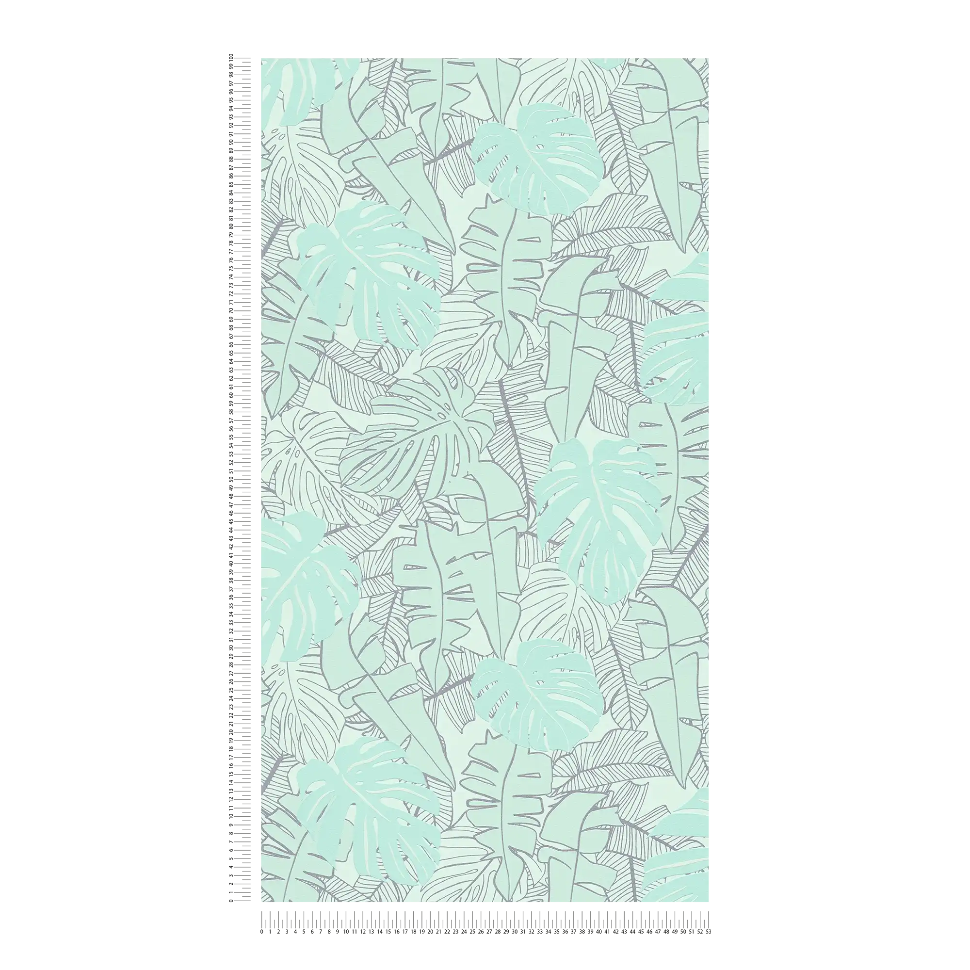             Pastel non-woven wallpaper with banana leaves & glossy effect - mint, green, metallic
        