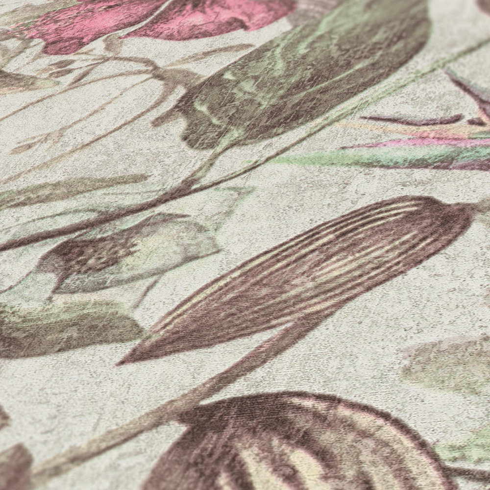             Papier peint motif floral, style tropical & aspect textile - rose, vert, marron
        