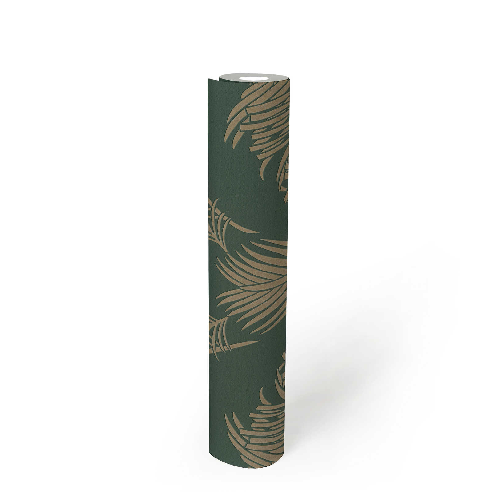             Carta da parati in tessuto non tessuto in abete verde e oro con motivo di foglie di palma - verde, metallizzato
        